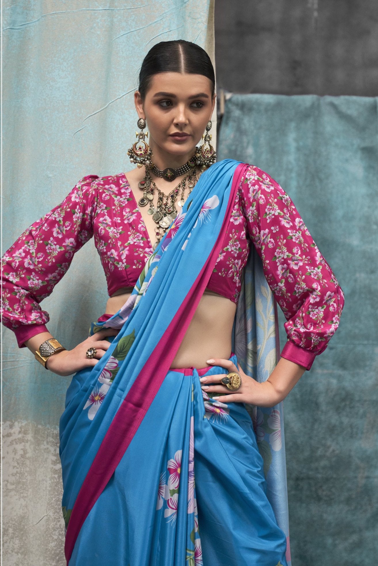 Buy MySilkLove Boston Blue Printed Satin Crepe Sarees Online