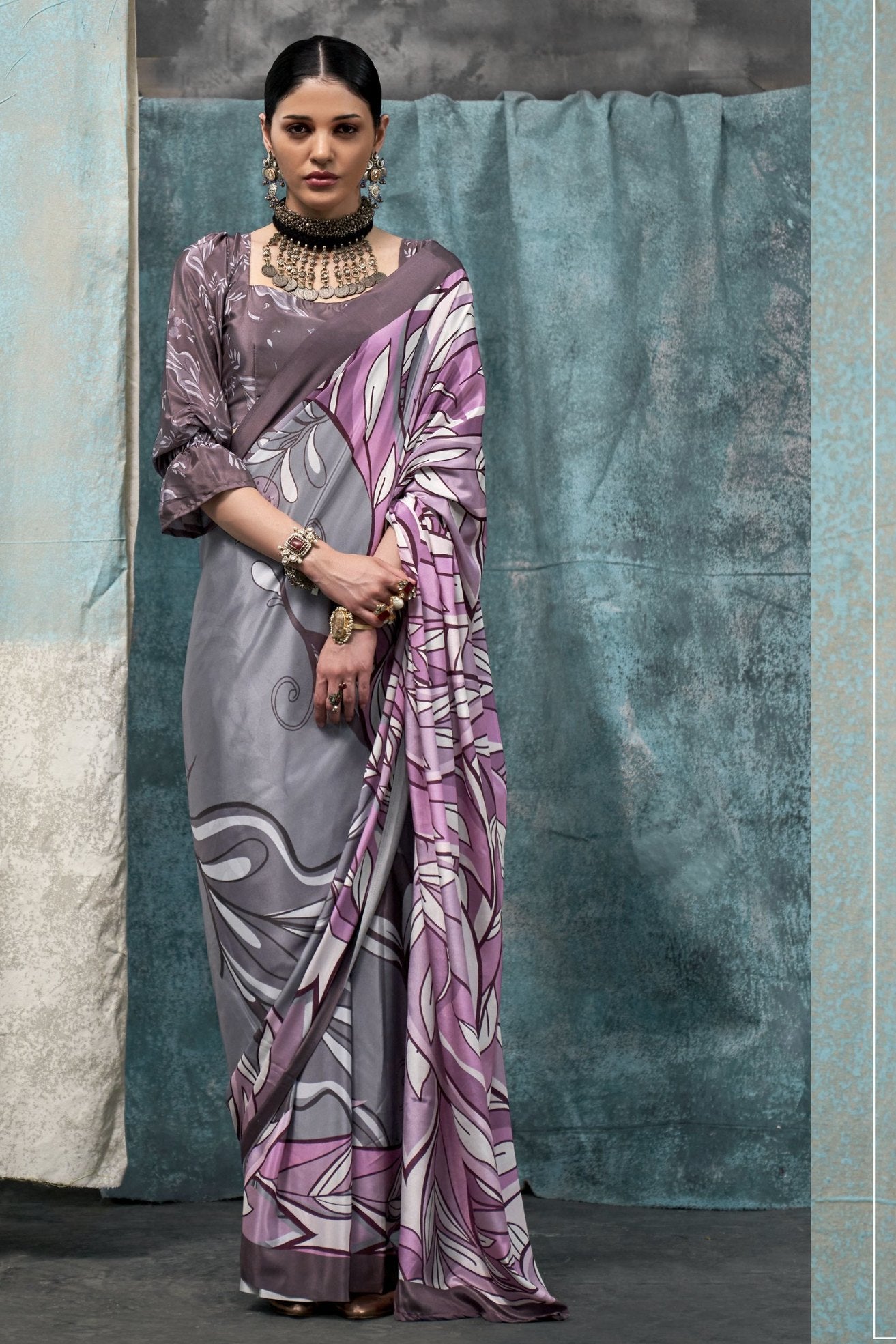 Buy MySilkLove Jumbo Grey and Purple Printed Satin Crepe Sarees Online