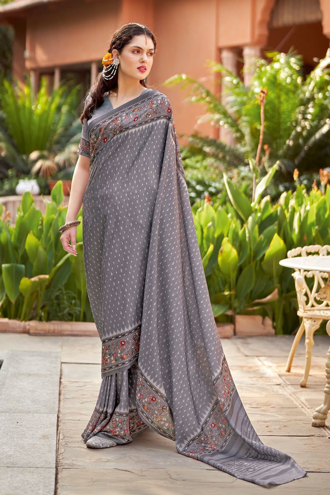 Buy MySilkLove Smokey Grey Designer Printed Silk Saree Online