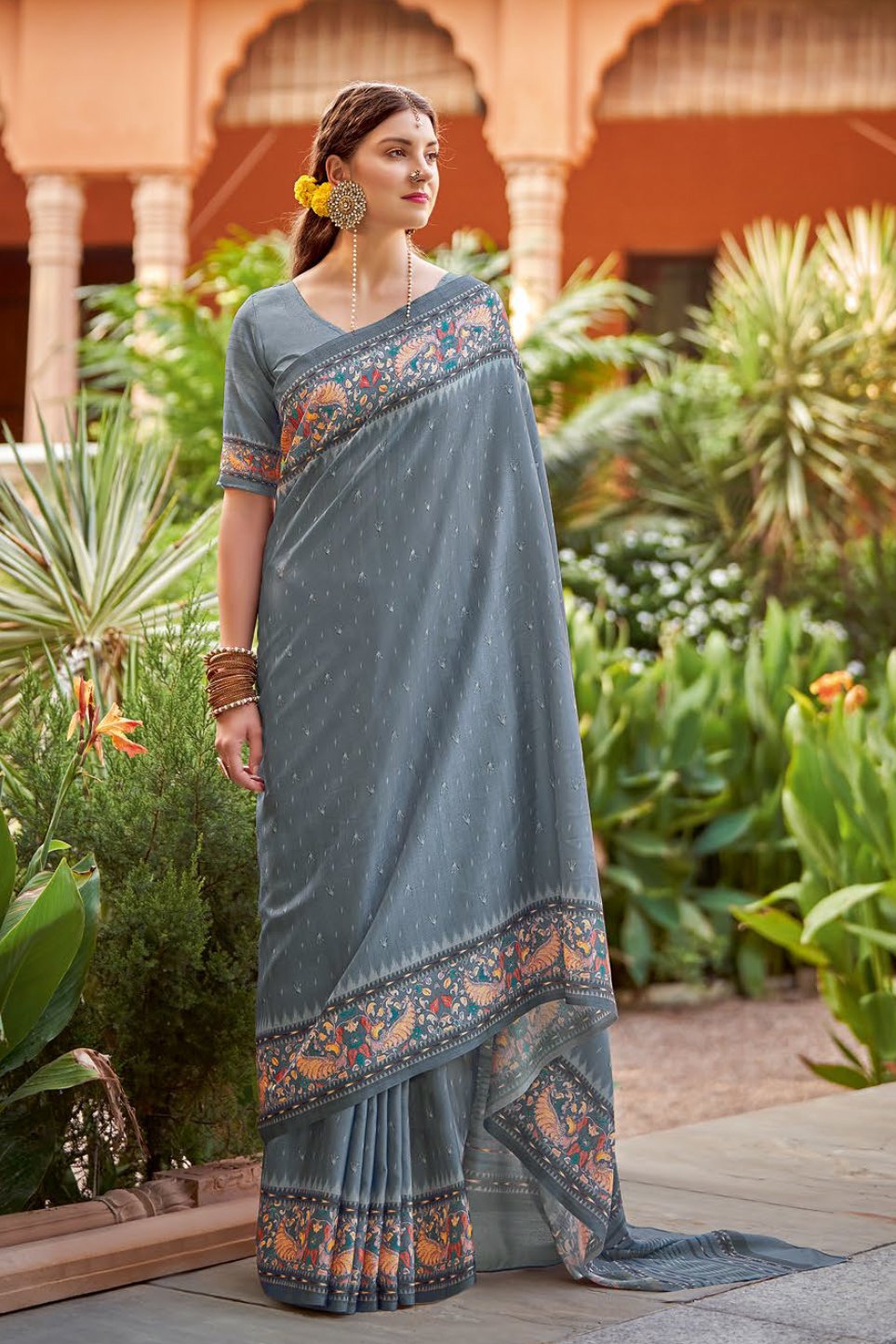 Buy MySilkLove Pale Sky Grey Designer Printed Silk Saree Online