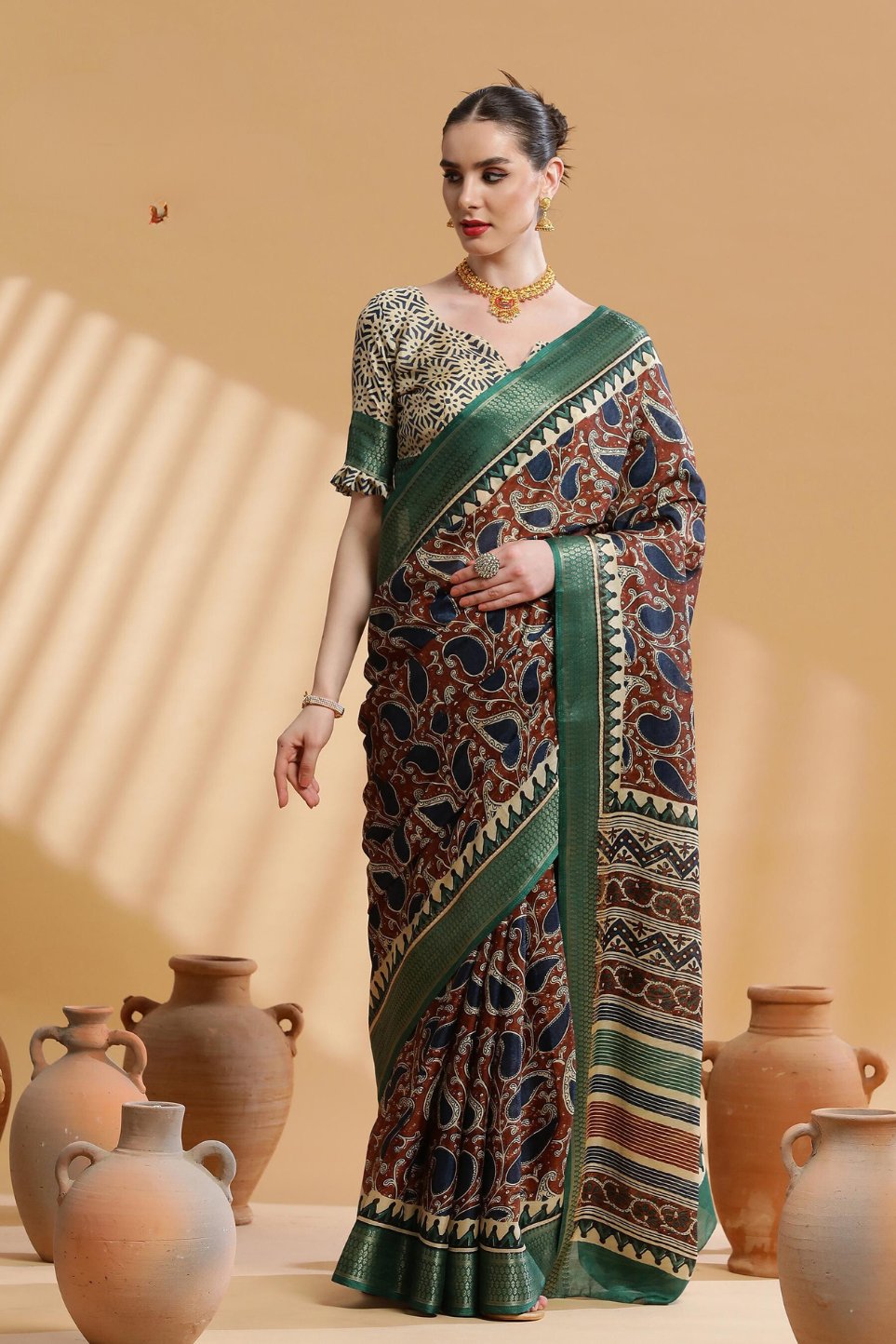 Buy MySilkLove Quincy Brown and Green Ajrakh Printed Dola Silk Saree Online