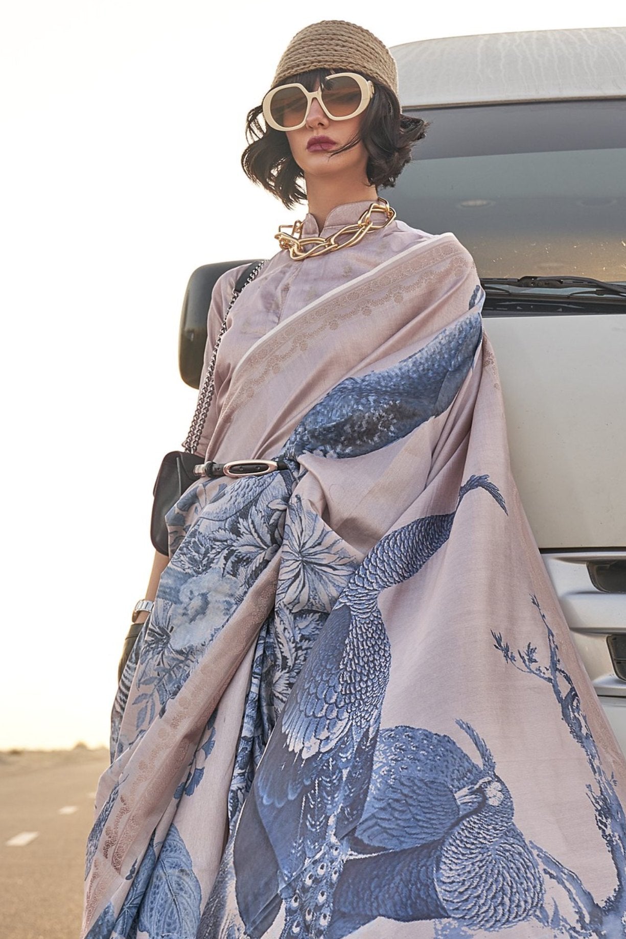 Buy MySilkLove Spun Pearl Grey Printed Tussar Silk Saree Online