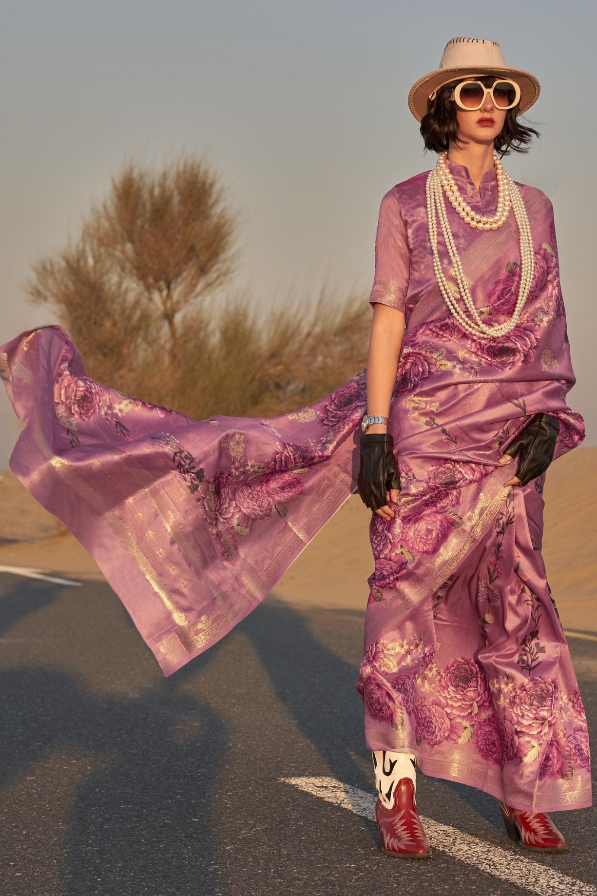 Buy MySilkLove Copper Rust Purple Printed Tussar Silk Saree Online