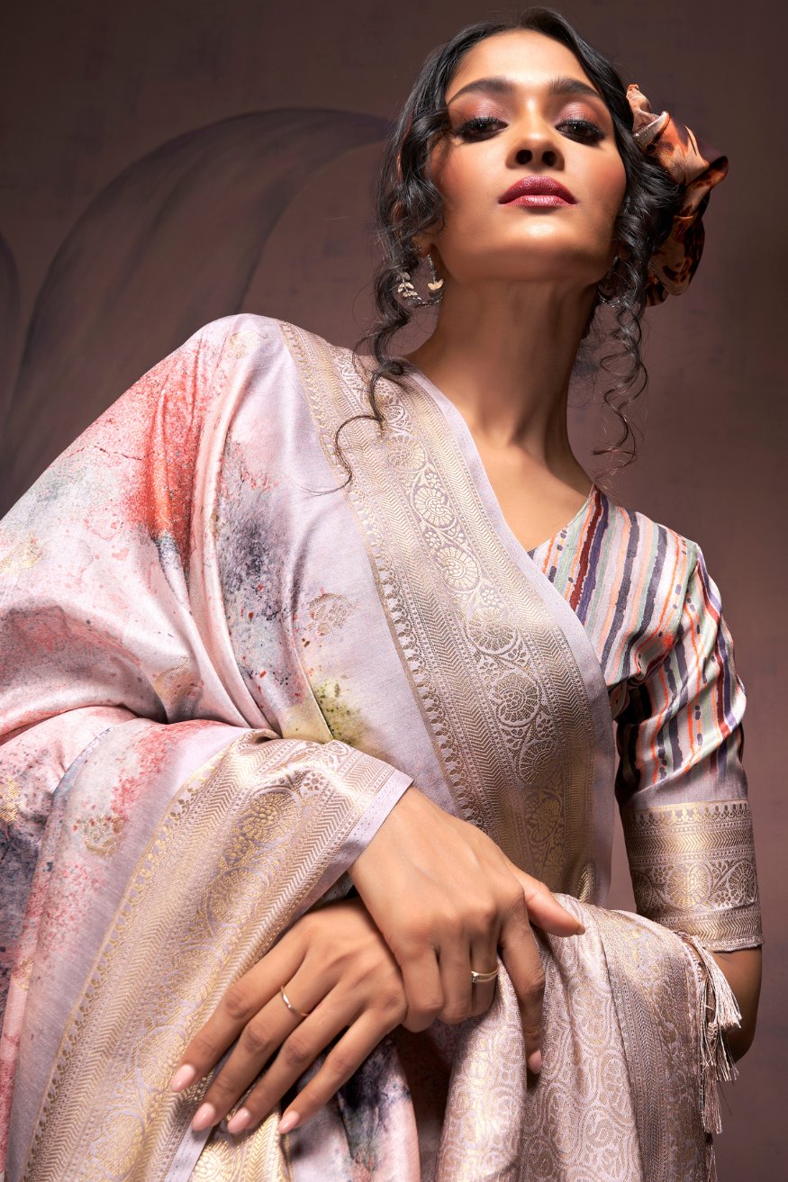 Buy MySilkLove Twilight Grey and Pink Banarasi Digital Printed Silk Saree Online