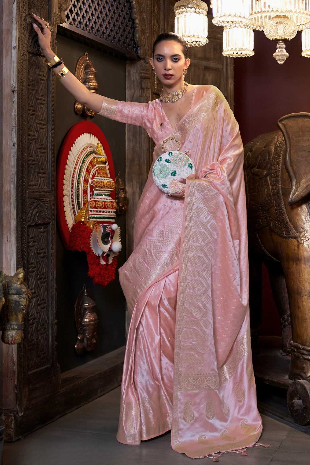 Buy MySilkLove Beauty Bush Pink Banarasi Handloom Satin Silk saree Online