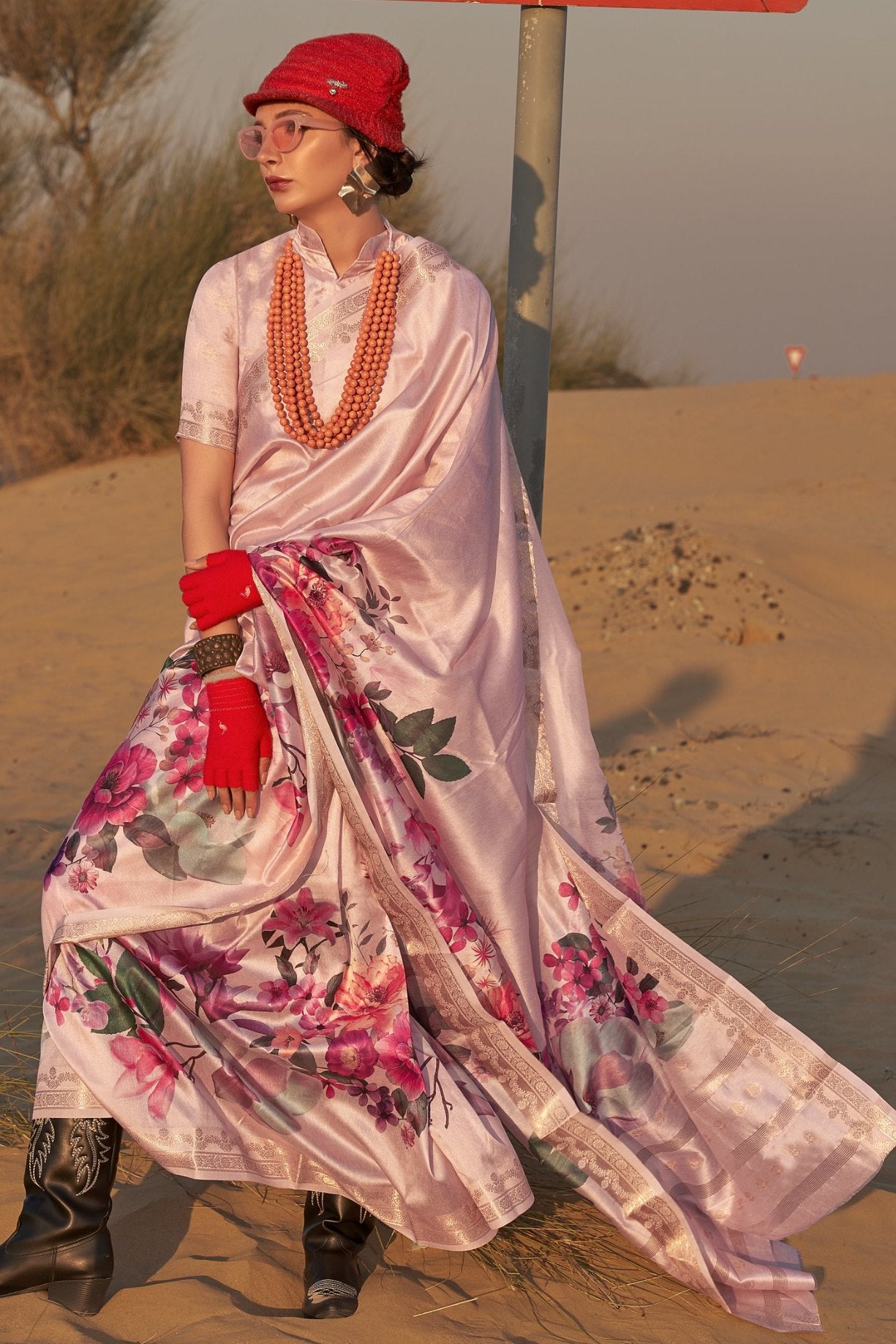 Buy MySilkLove Old Rose Pink Printed Tussar Silk Saree Online