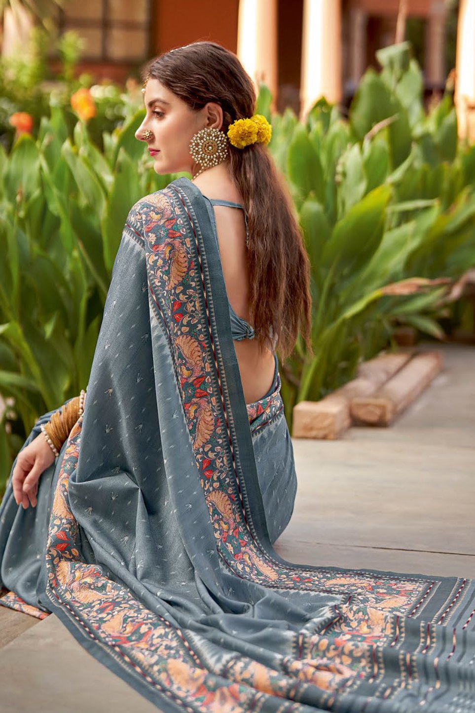 Buy MySilkLove Pale Sky Grey Designer Printed Silk Saree Online