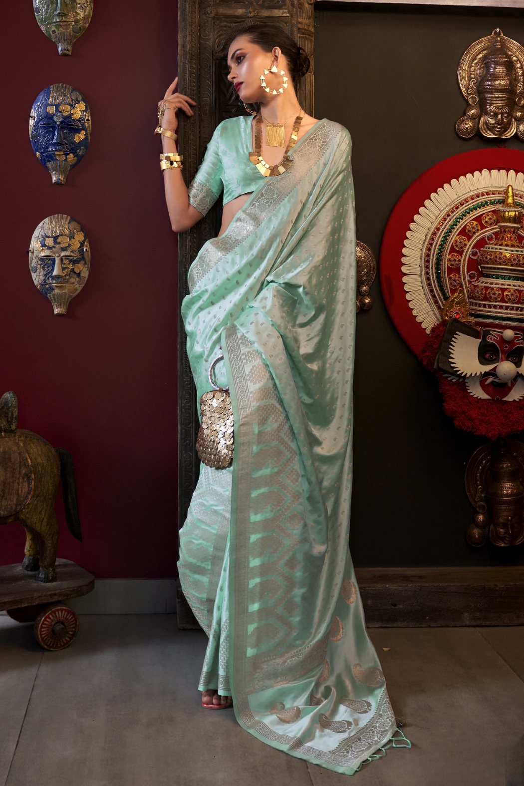 Buy MySilkLove Opal Green Banarasi Handloom Satin Silk saree Online