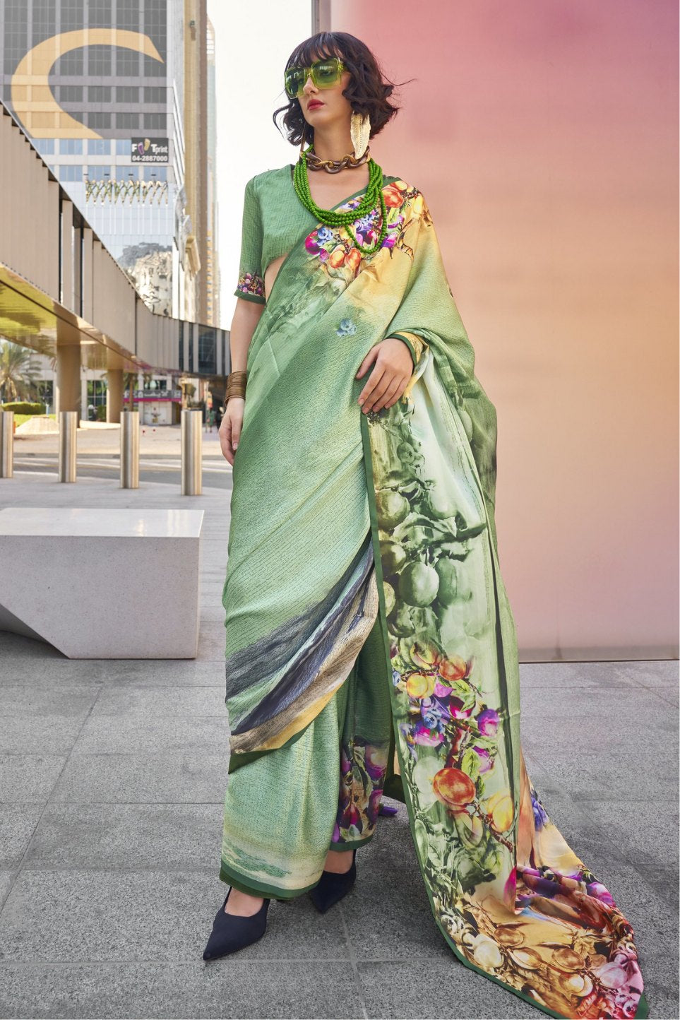 Buy MySilkLove Pista Green Digital Printed Satin Silk Saree Online
