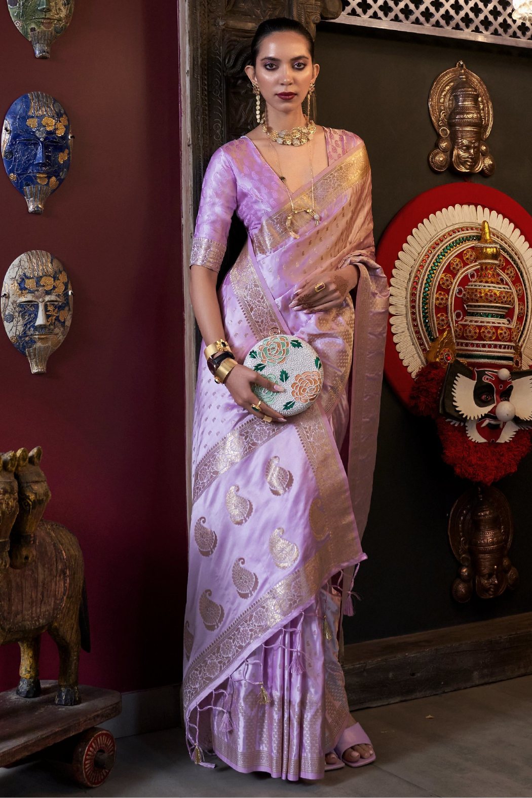 Buy MySilkLove Light Wisteria Purple Banarasi Handloom Satin Silk saree Online