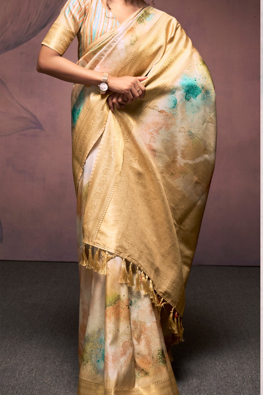 Buy MySilkLove Calico Cream Banarasi Digital Printed Silk Saree Online