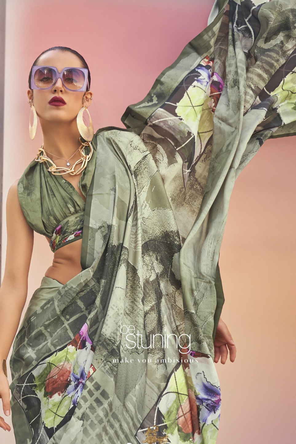 Buy MySilkLove Flax Smoke Green Digital Printed Satin Silk Saree Online