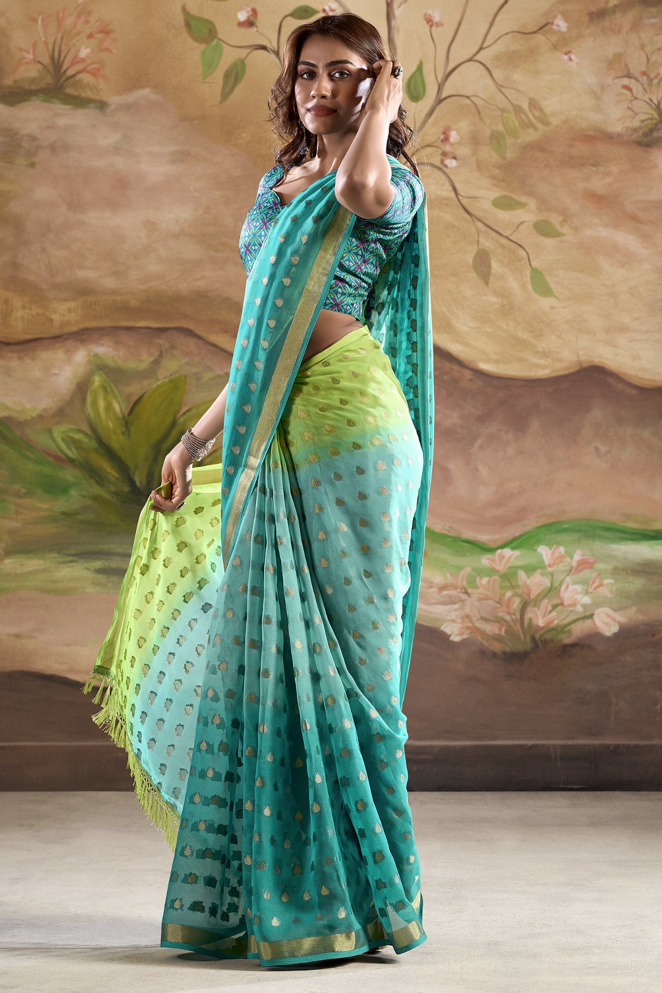 Buy MySilkLove Oracle Green Banarasi Georgette Saree Online