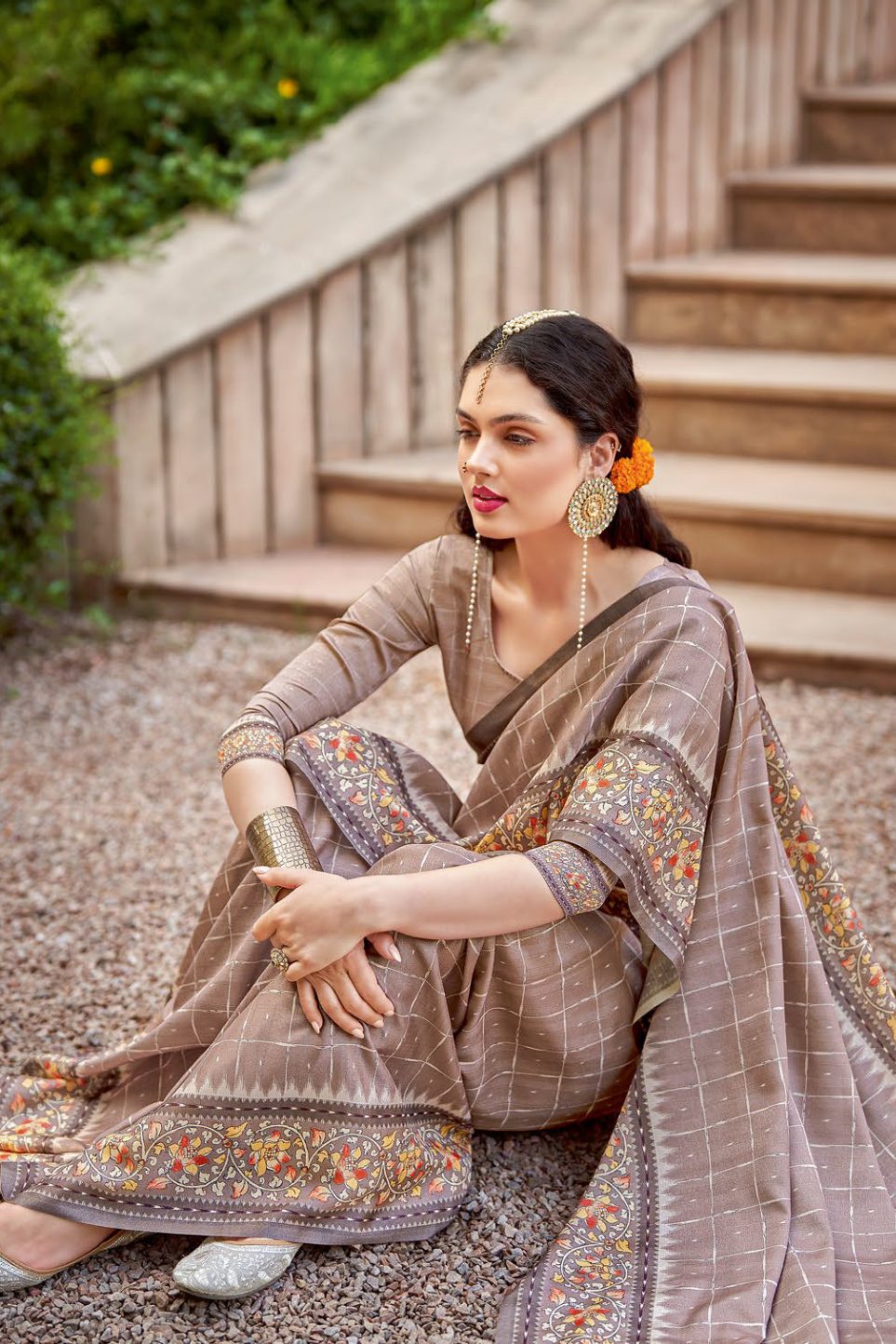 Buy MySilkLove Quicksand Brown Designer Printed Silk Saree Online