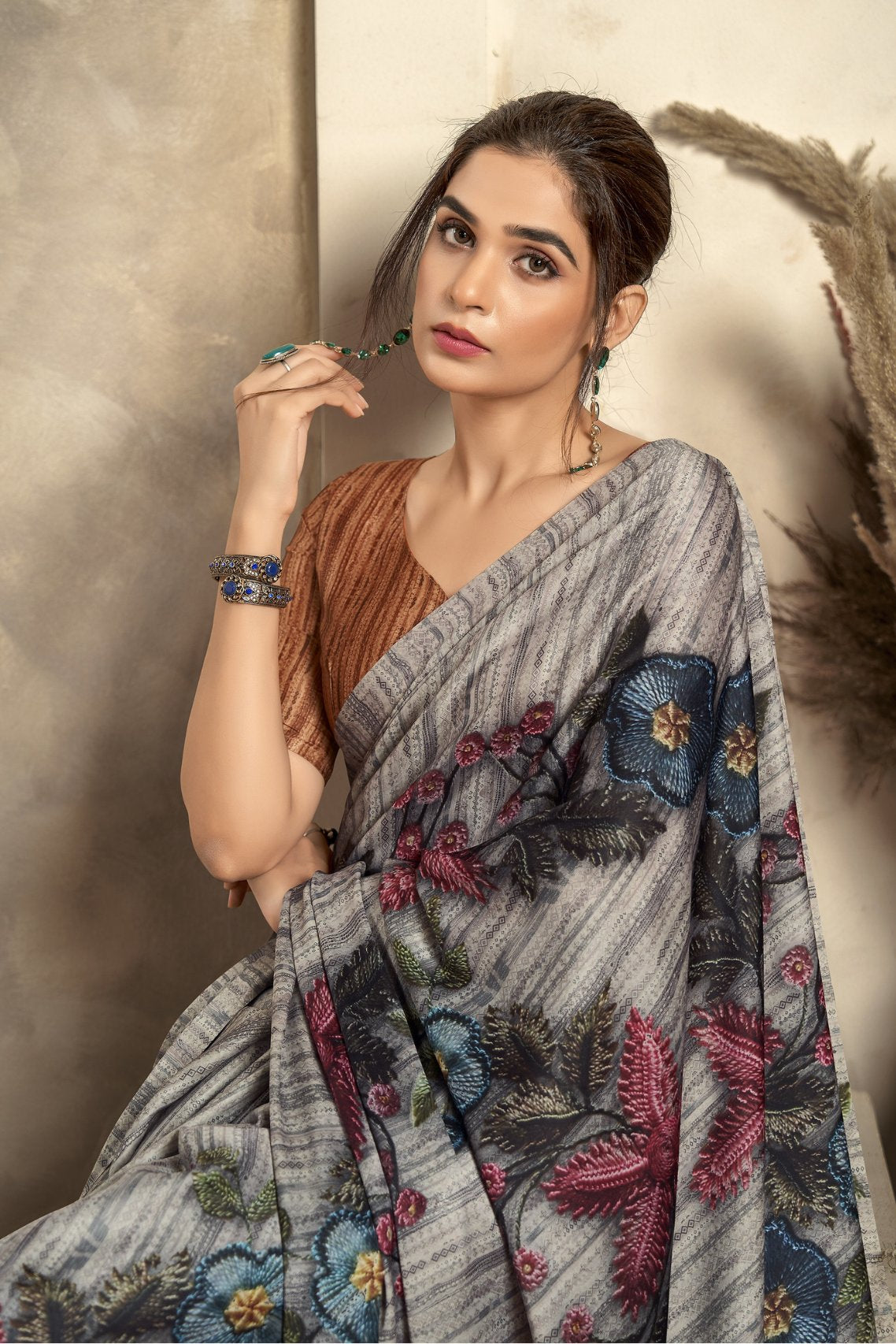 MySilkLove Anchor Grey Printed Satin Silk Saree