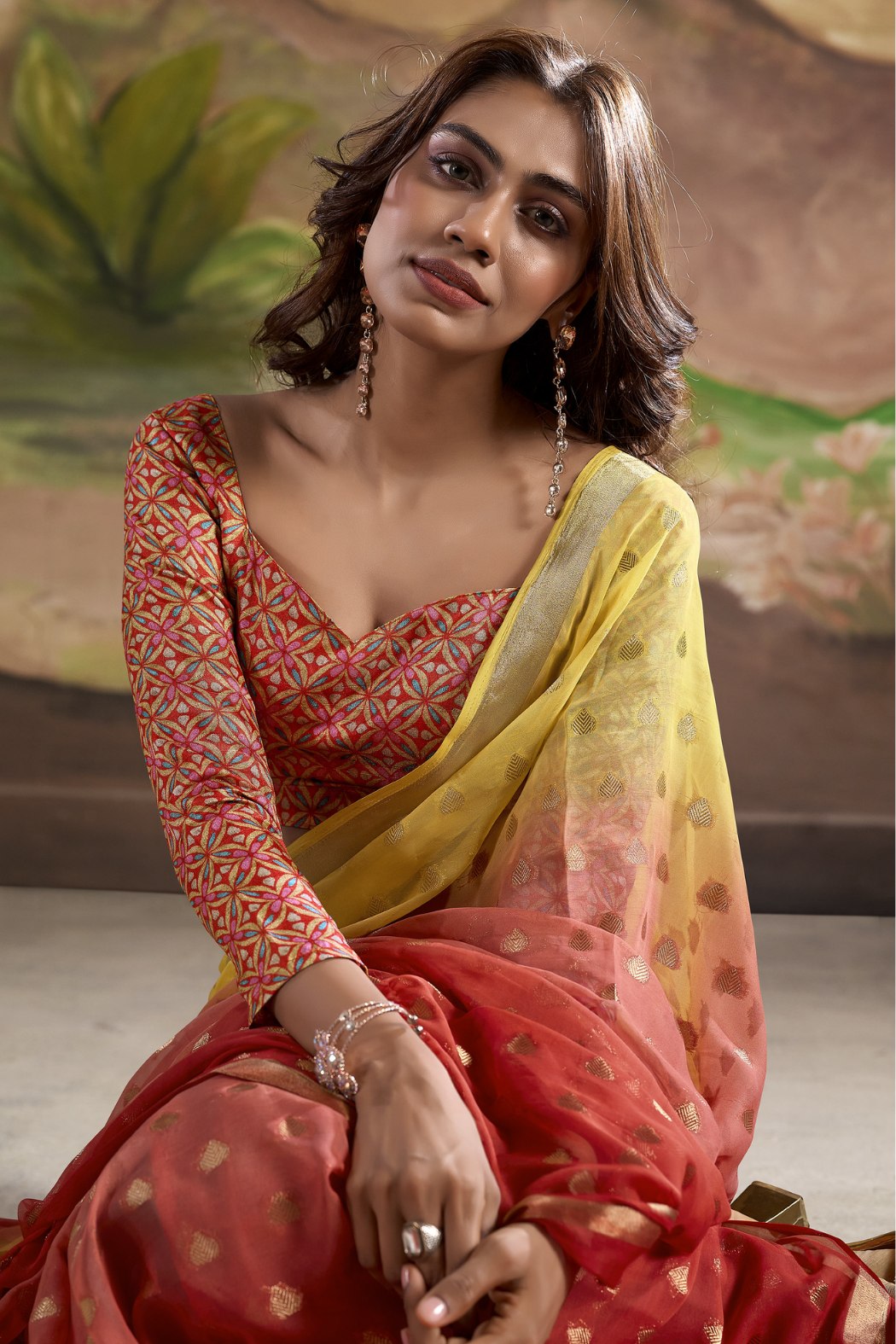 Buy MySilkLove El Salva Brown and Yellow Banarasi Georgette Saree Online