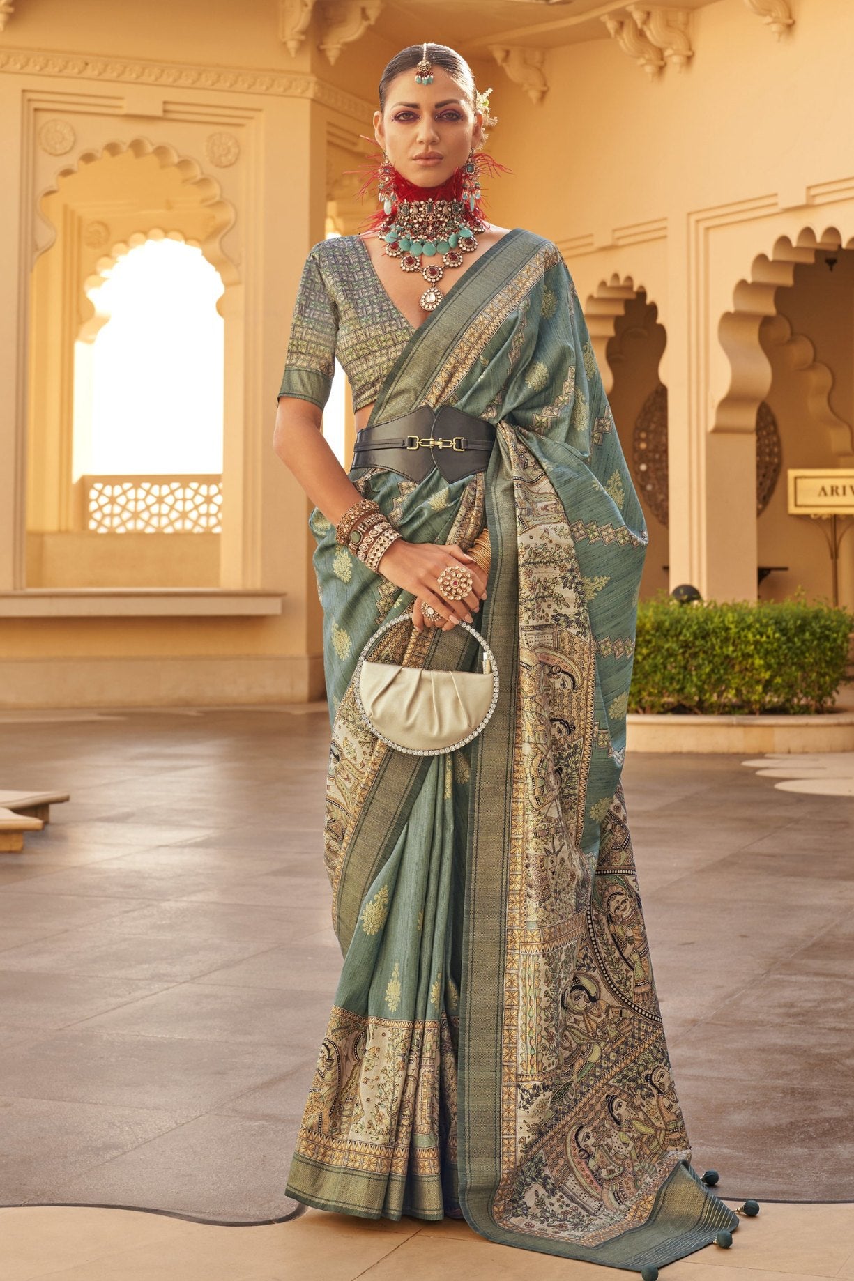 Buy MySilkLove Limed Ash Green Printed Patola Saree Online