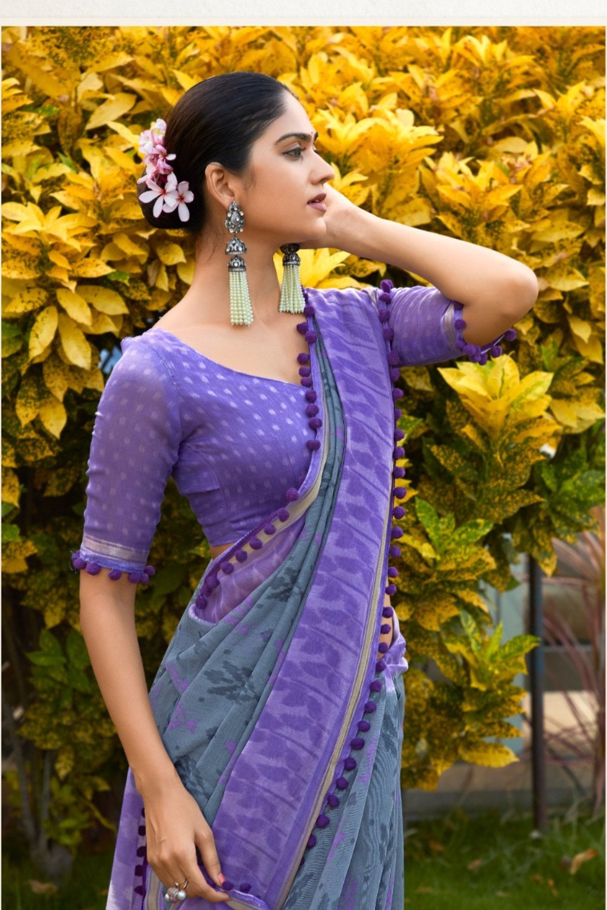Buy MySilkLove Spindle Grey and Purple Mul Mul Cotton Saree Online