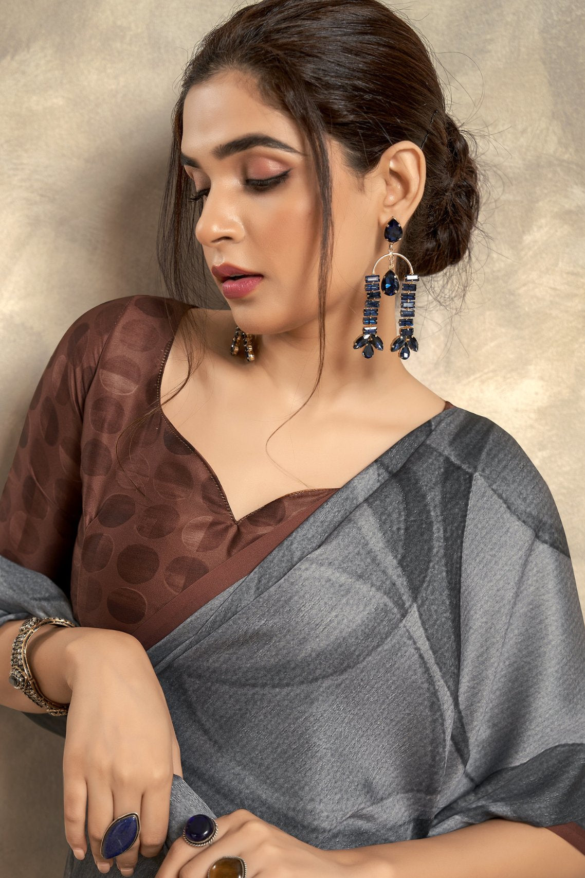 MySilkLove Fossil Grey Printed Satin Silk Saree