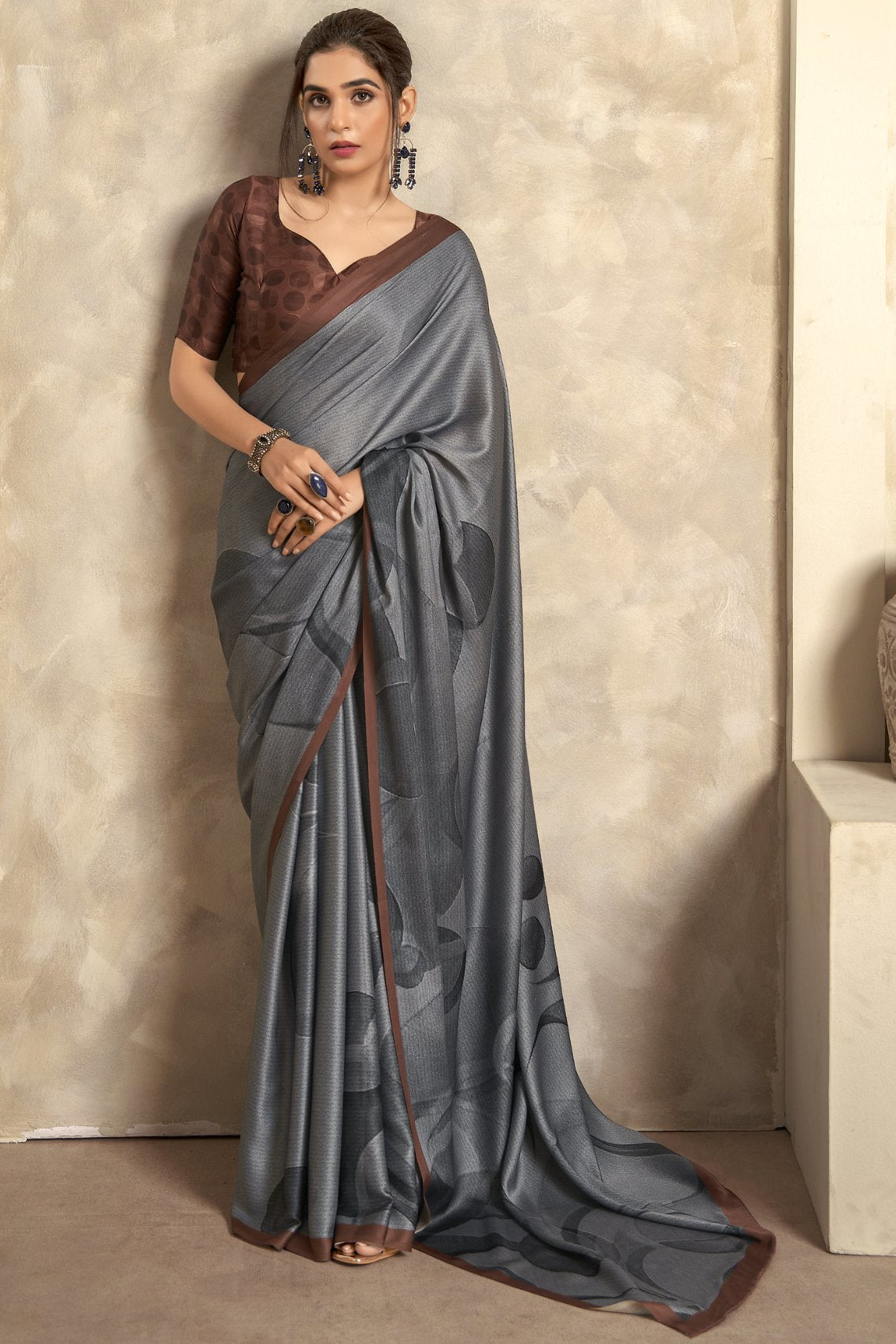 Buy MySilkLove Fossil Grey Printed Satin Silk Saree Online