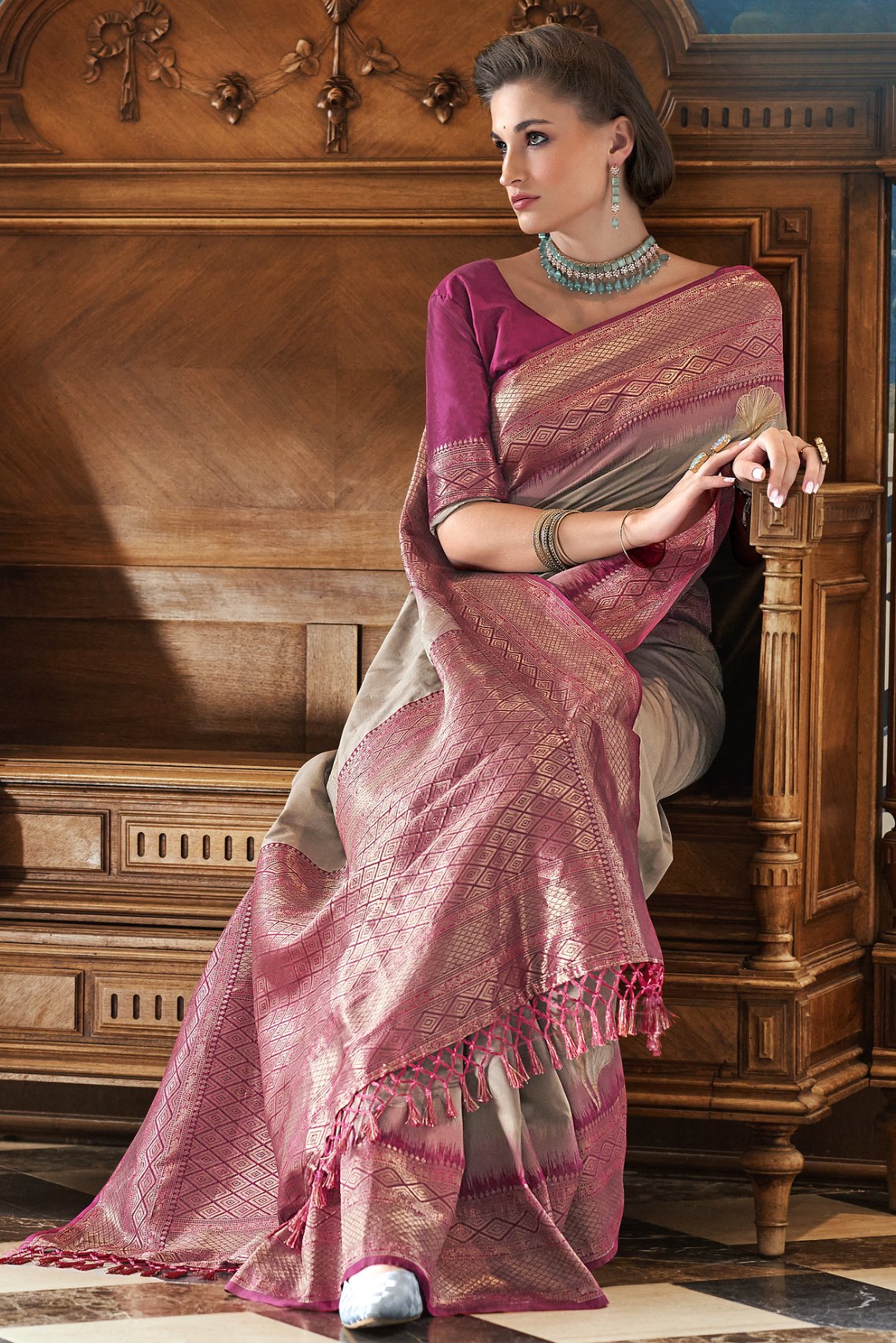 Buy MySilkLove Mondo Brown and Purple Zari Woven Banarasi Saree Online