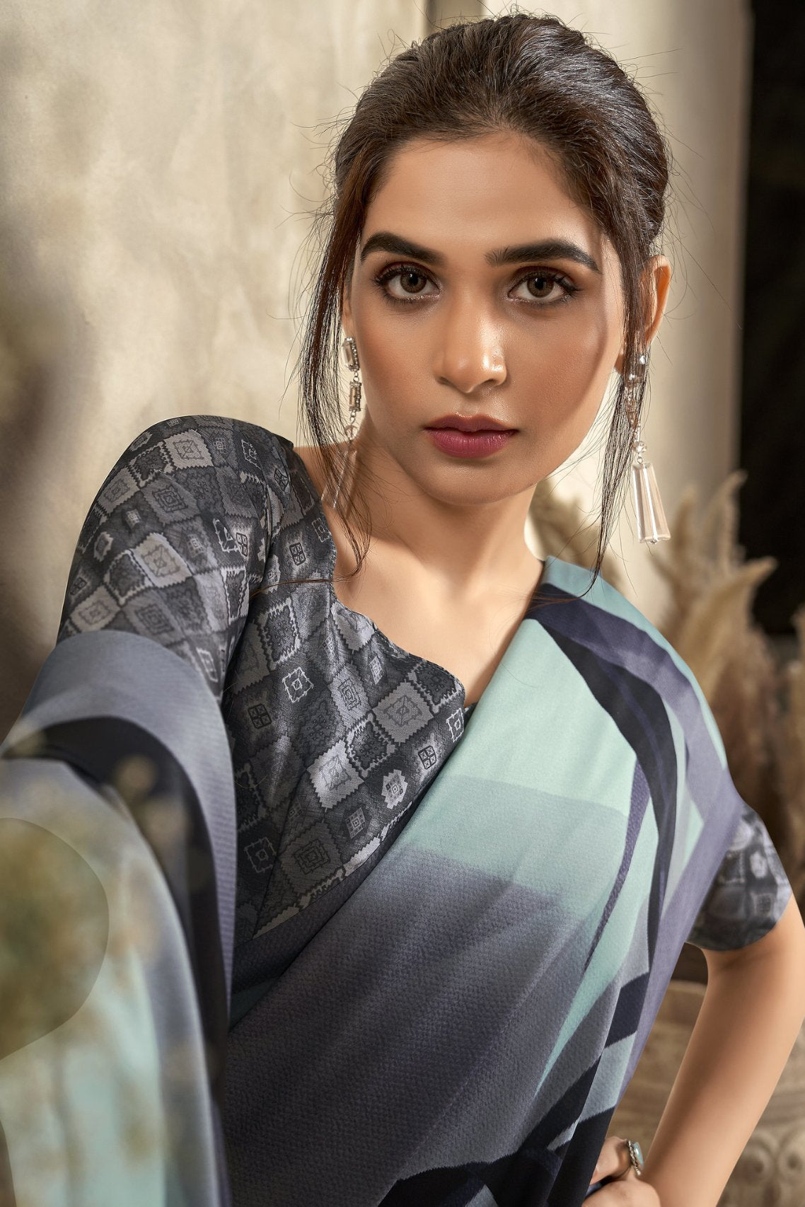 Buy MySilkLove Edward Blue Printed Satin Silk Saree Online