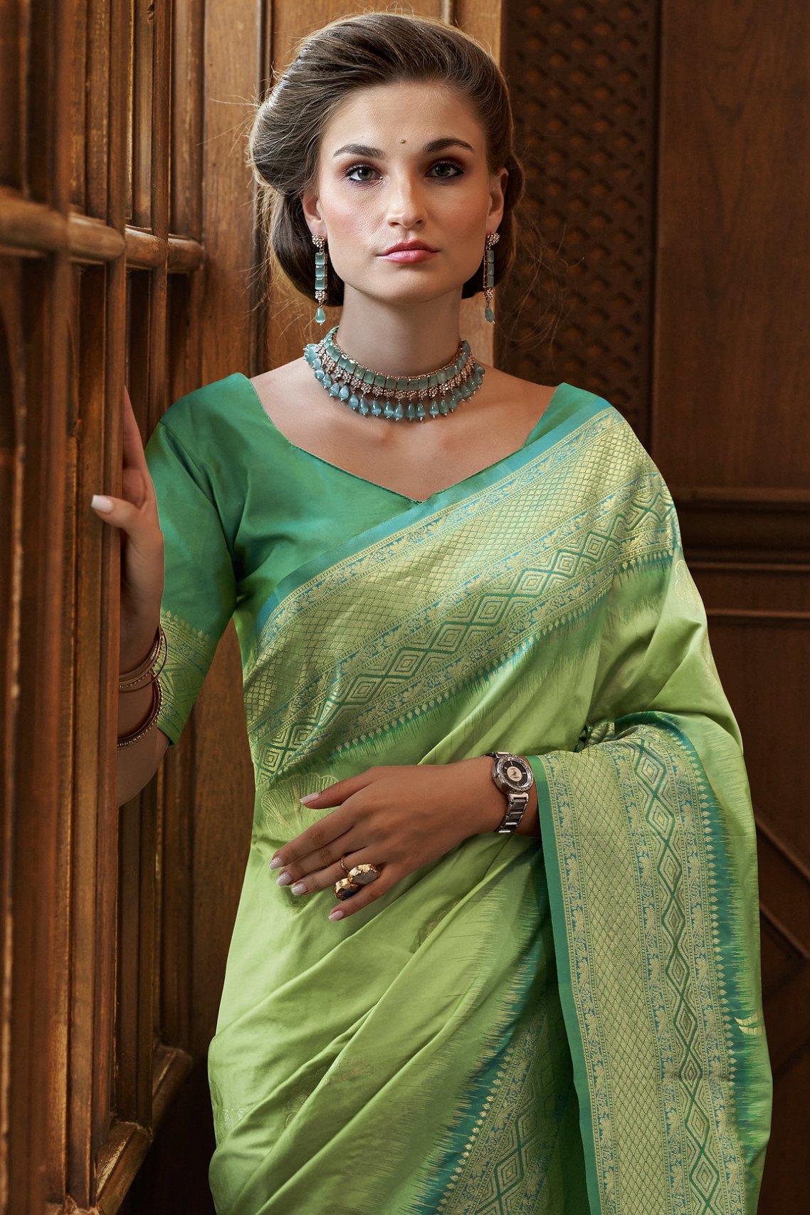 Buy MySilkLove Bay Leaf Green Zari Woven Banarasi Saree Online