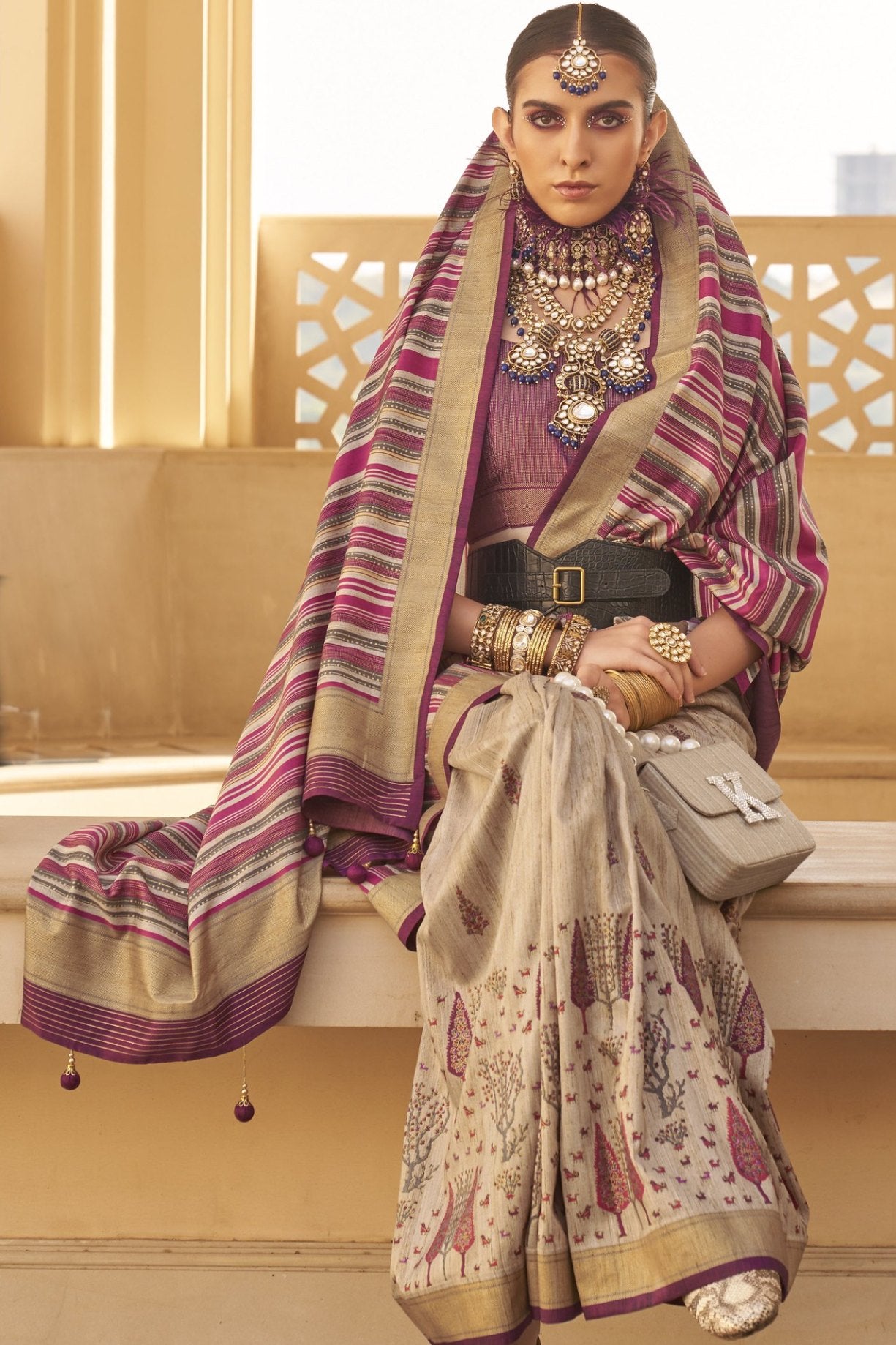 Buy MySilkLove Brandy Cream and Purple Printed Patola Saree Online