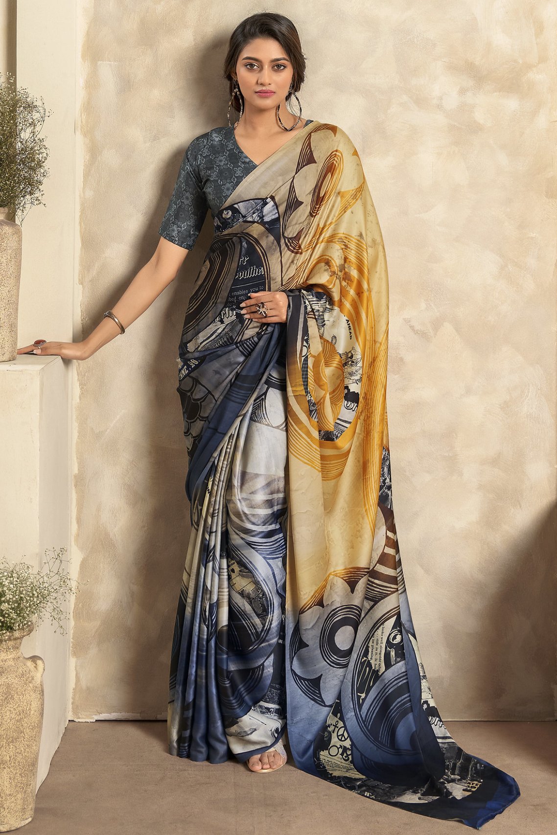 Buy MySilkLove Putty Yellow and Black Printed Satin Silk Saree Online