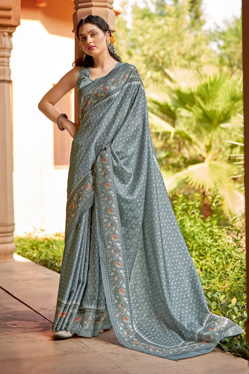 Buy MySilkLove Granny Smith Blue Designer Printed Silk Saree Online