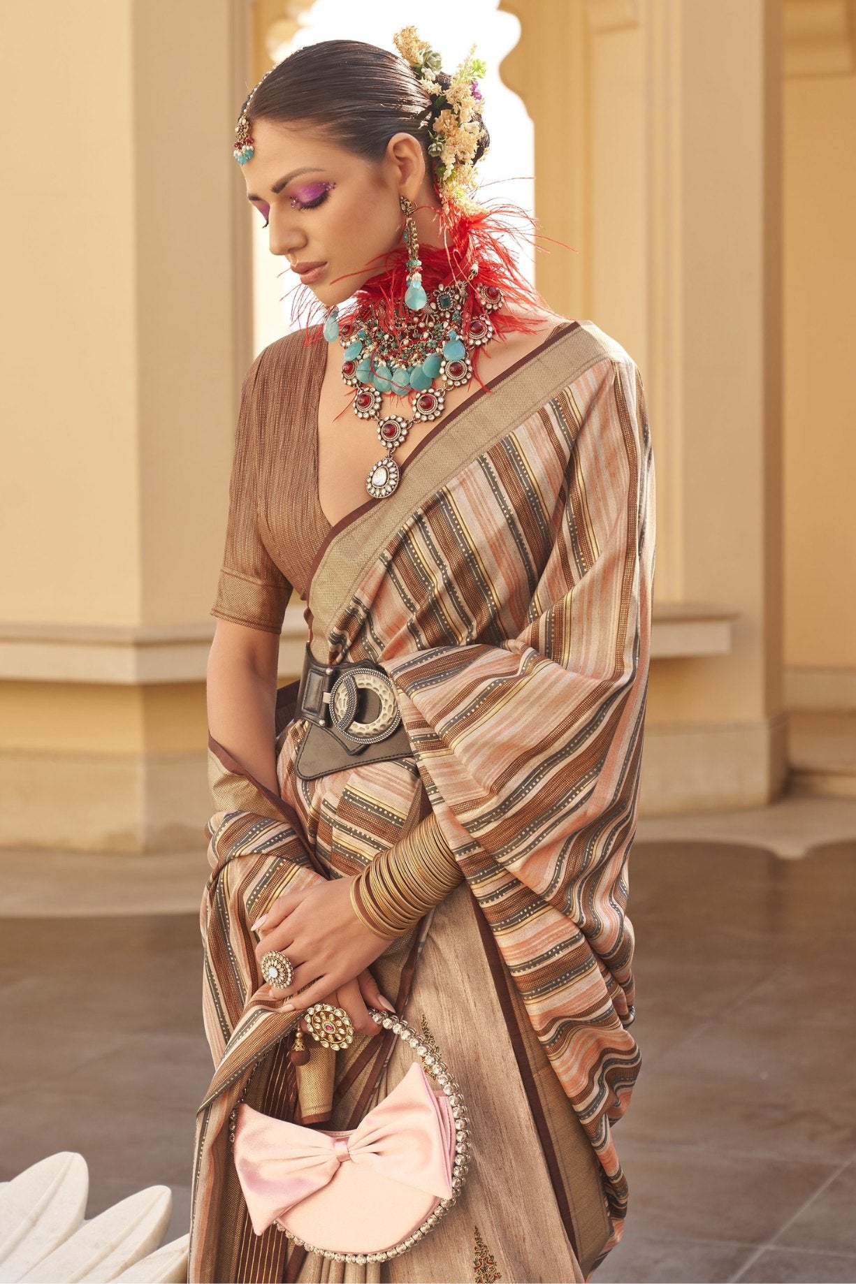 MySilkLove Maize Cream and Brown Printed Patola Saree