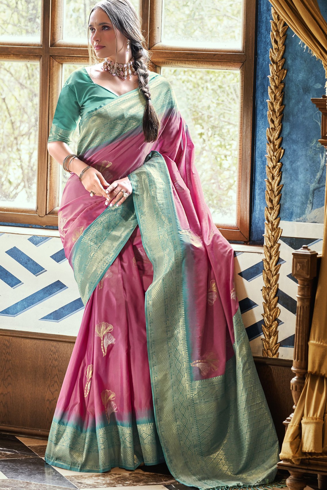 Buy MySilkLove Vin Rouge Pink and Green Zari Woven Banarasi Saree Online