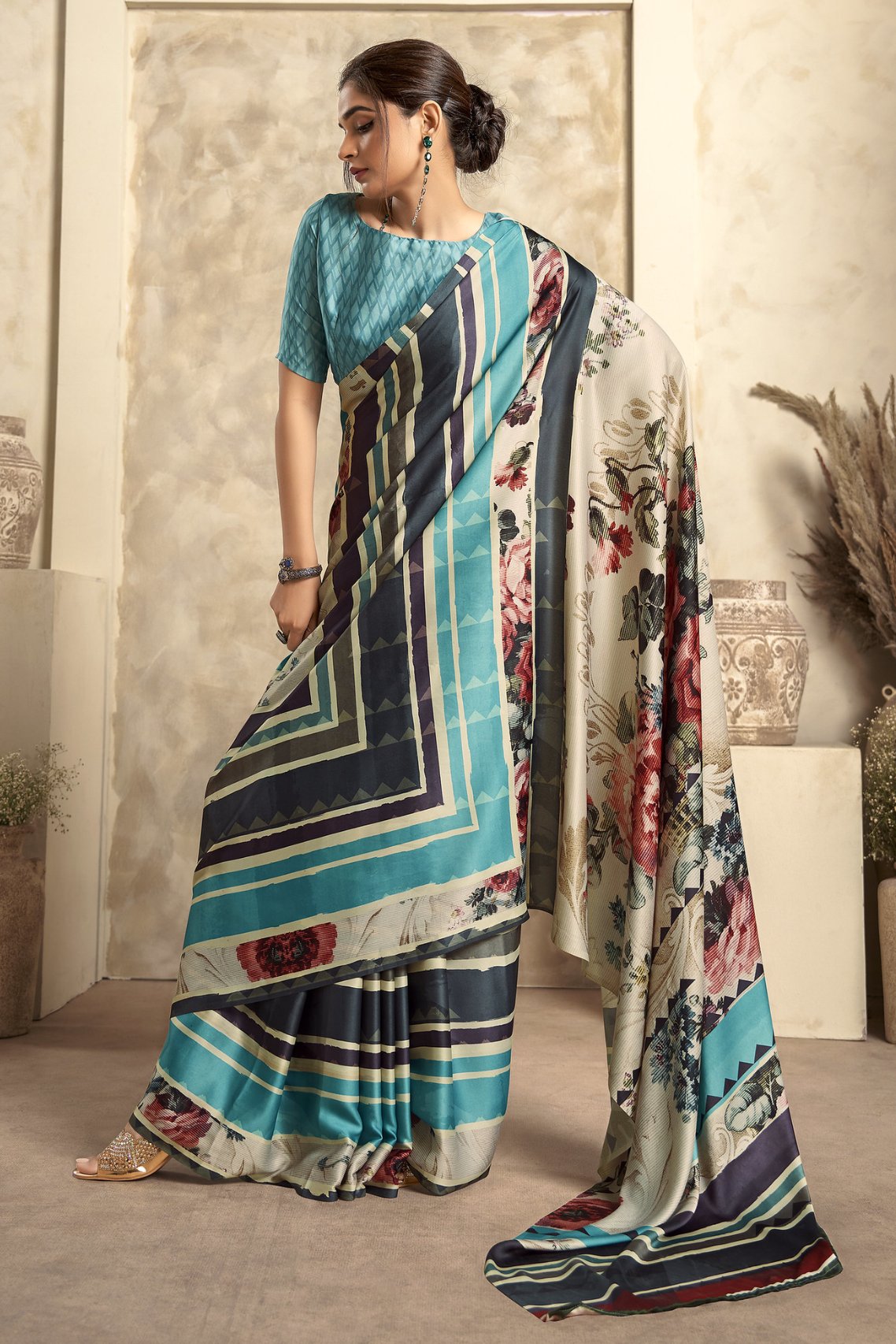 Buy MySilkLove Multicolor and Smalt Blue Printed Satin Silk Saree Online