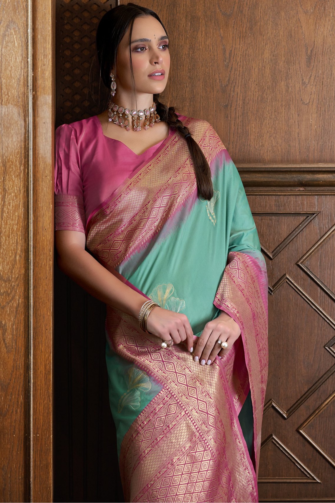 Buy MySilkLove Cruise Green and Pink Zari Woven Banarasi Saree Online