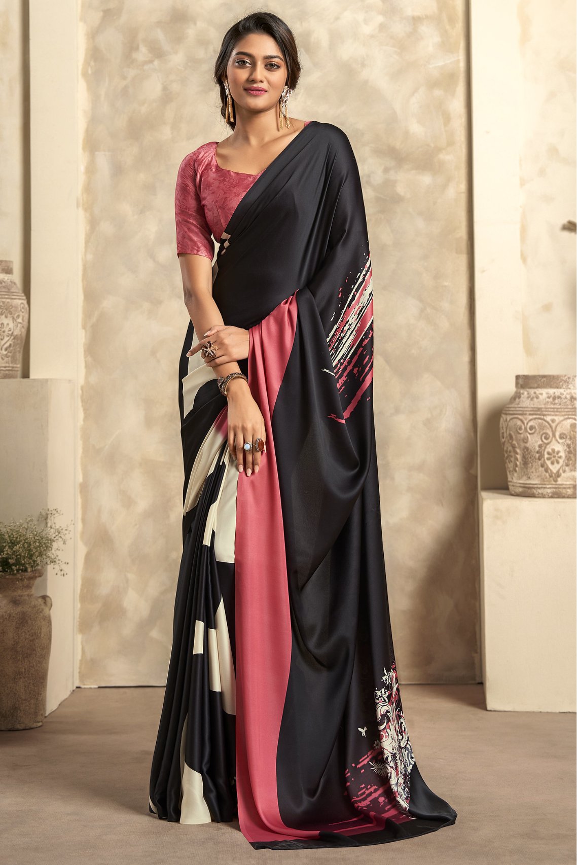 Buy MySilkLove Emperor Black Printed Satin Silk Saree Online