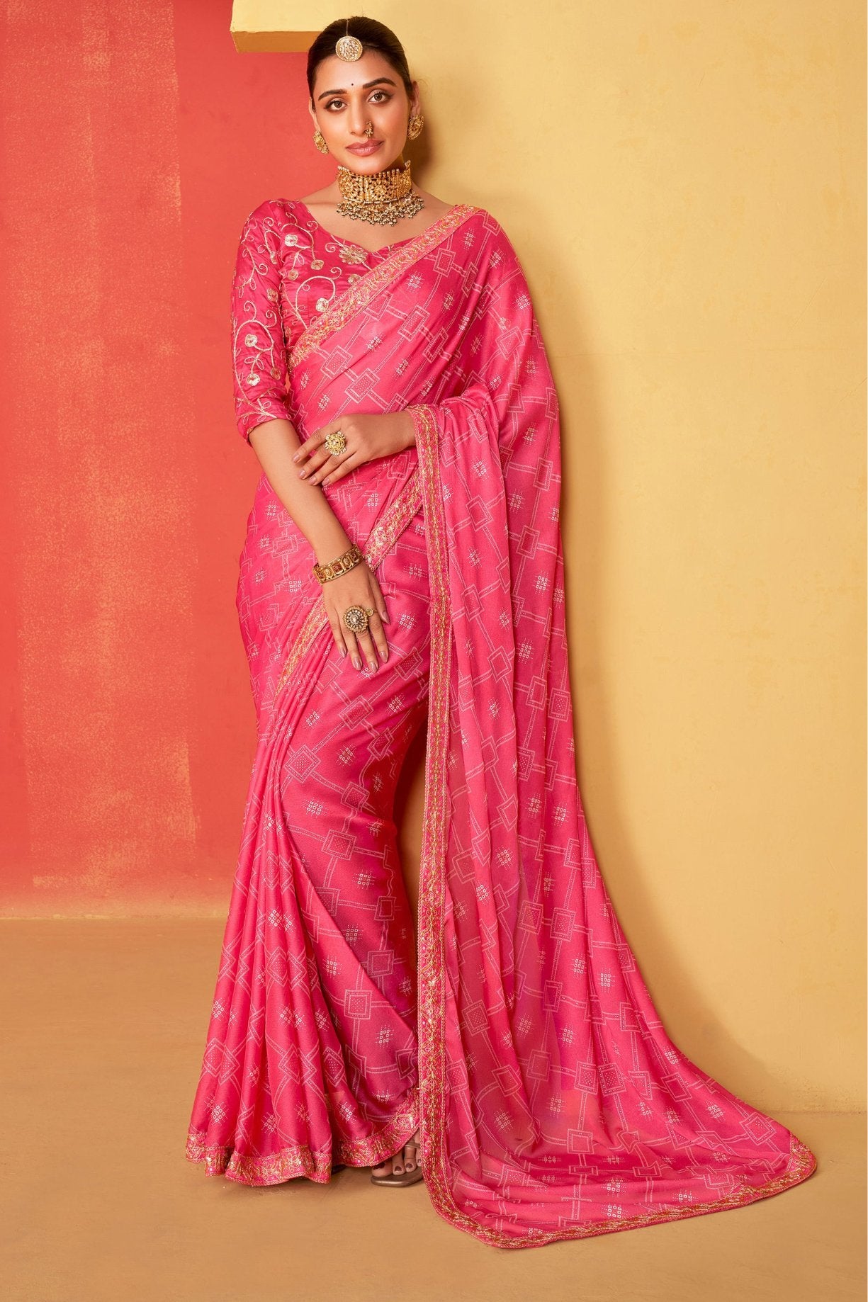 Buy MySilkLove Petite Pink Chiffon Bandhani Embroidery Saree Online