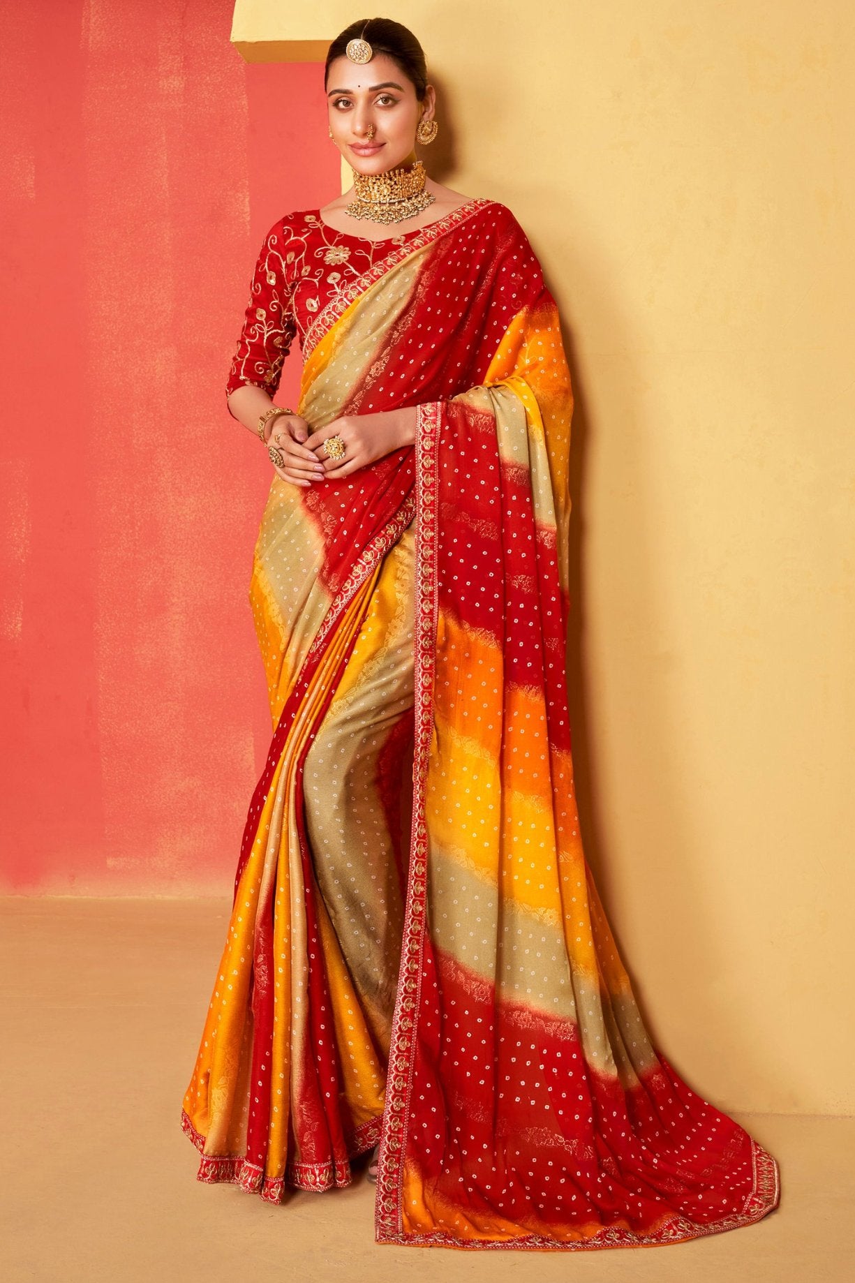 Buy MySilkLove Sangria Red and Yellow Chiffon Bandhani Embroidery Saree Online