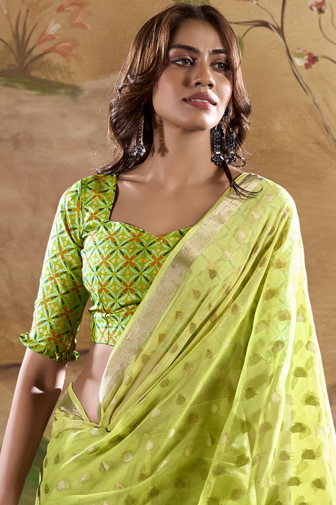 Buy MySilkLove Celery Green Banarasi Georgette Saree Online