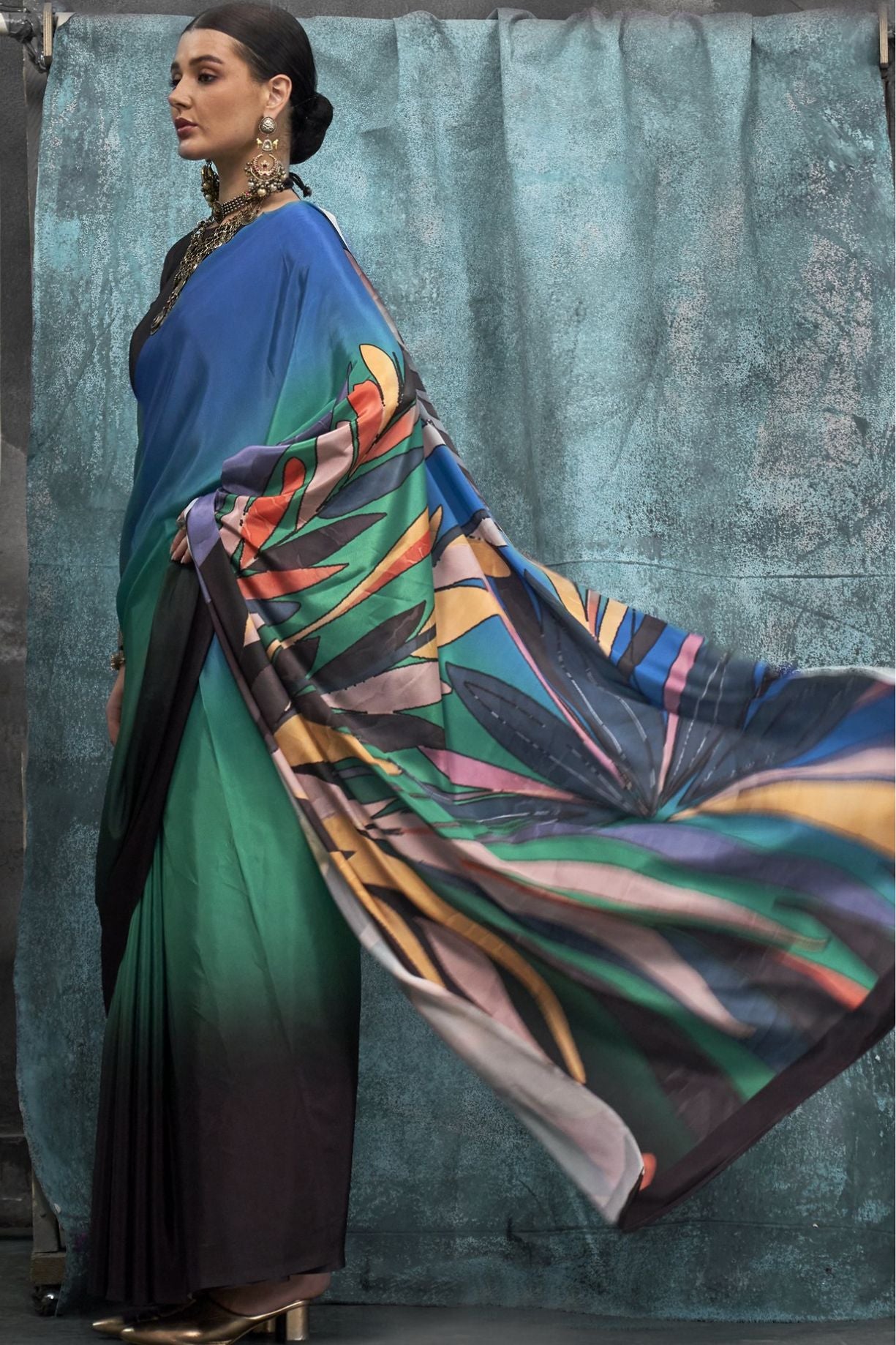 Buy MySilkLove Multicolor Blue Printed Satin Crepe Sarees Online