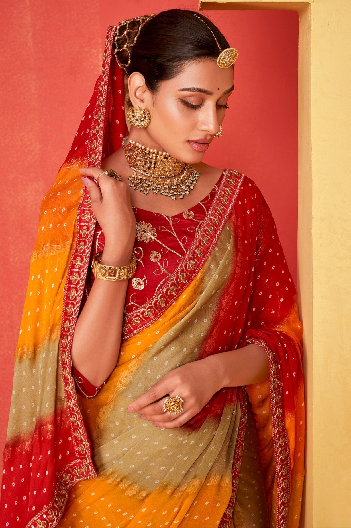 Buy MySilkLove Sangria Red and Yellow Chiffon Bandhani Embroidery Saree Online