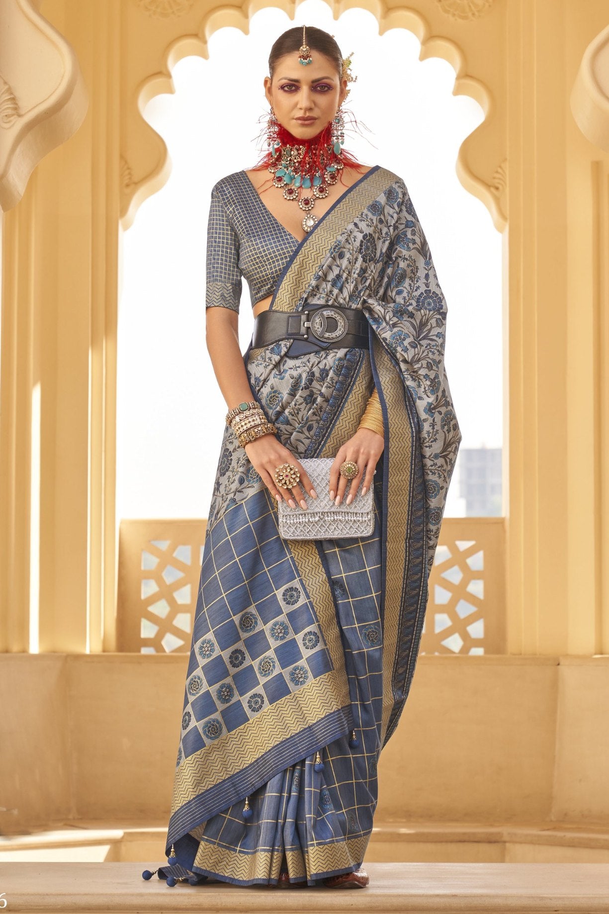 Buy MySilkLove Lynch Blue and Grey Printed Patola Saree Online