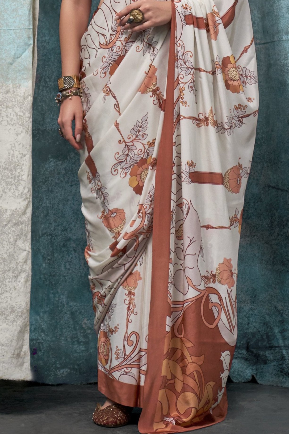 Buy MySilkLove Seashell White and Brown Printed Satin Crepe Sarees Online