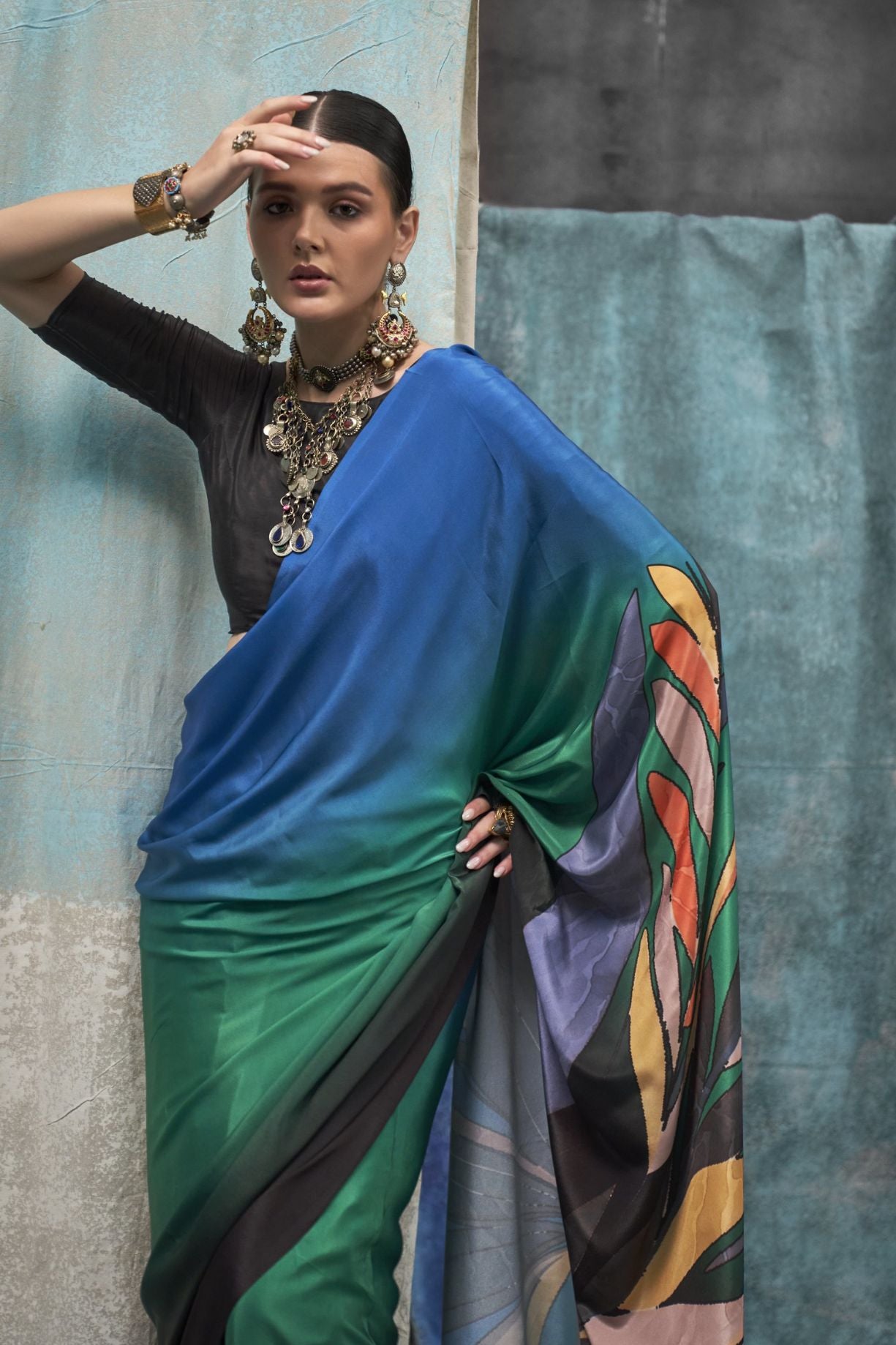 MySilkLove Multicolor Blue Printed Satin Crepe Sarees