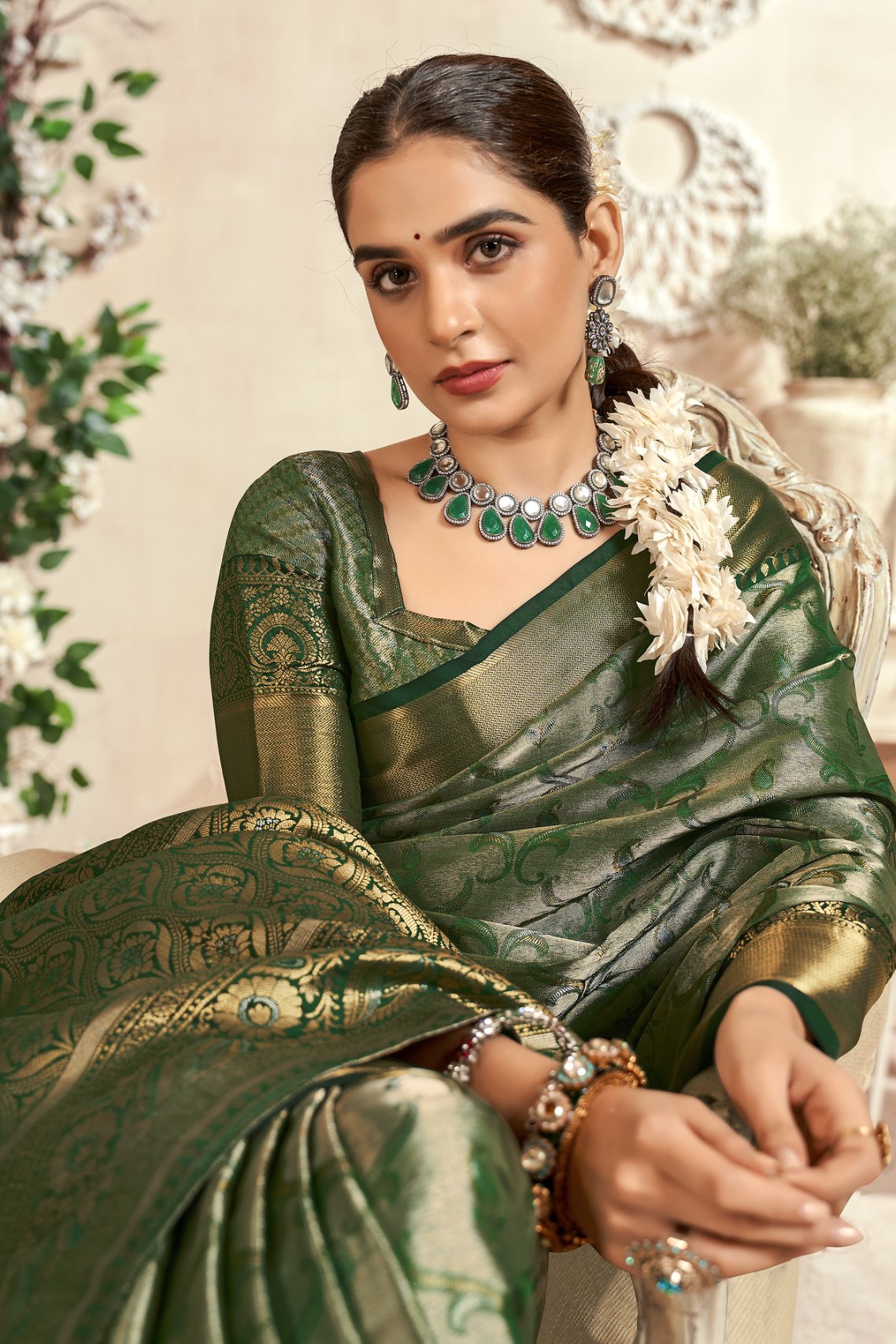 Buy MySilkLove Finch Green Woven Kanjivaram Saree Online