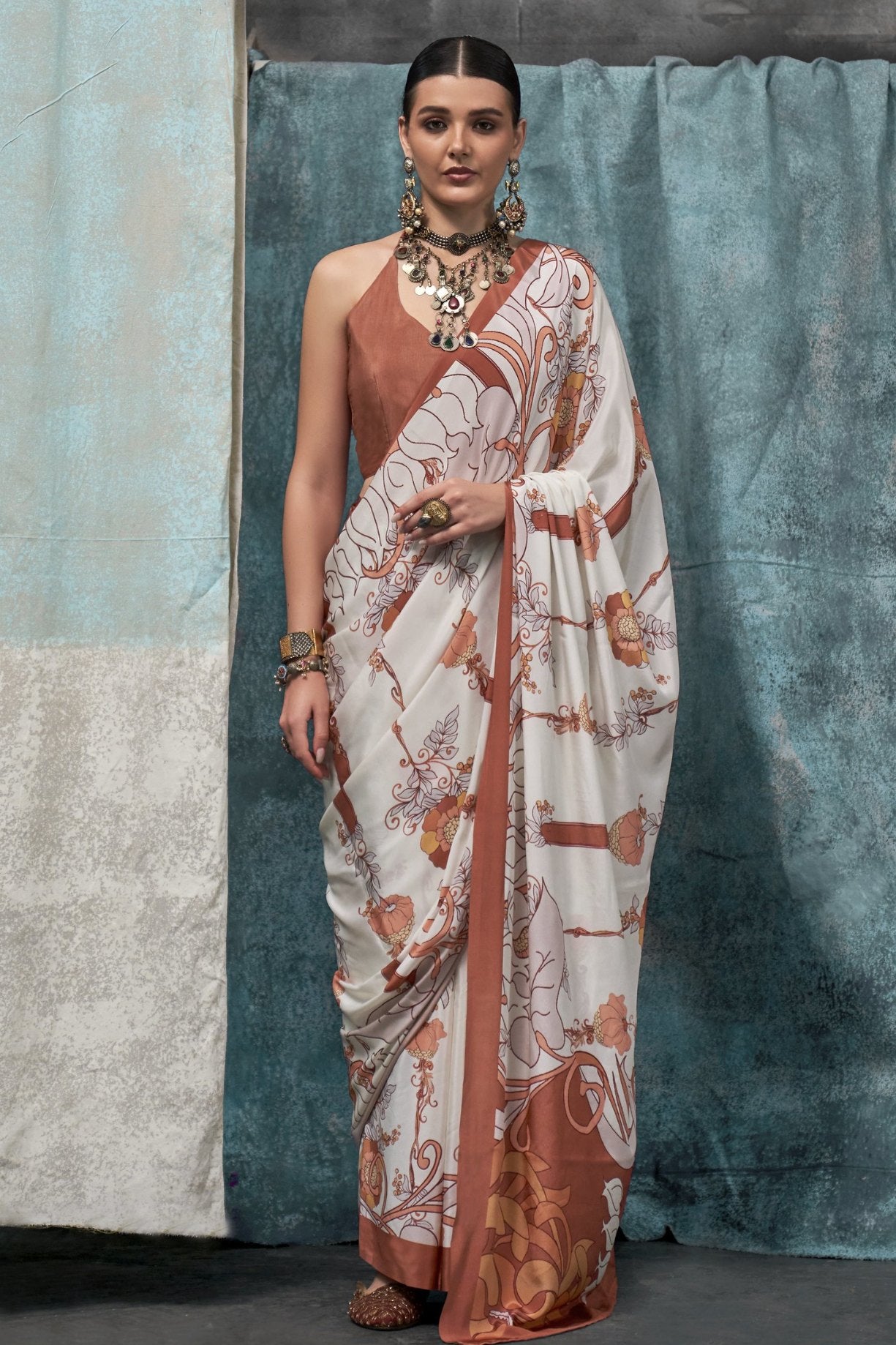 Buy MySilkLove Seashell White and Brown Printed Satin Crepe Sarees Online