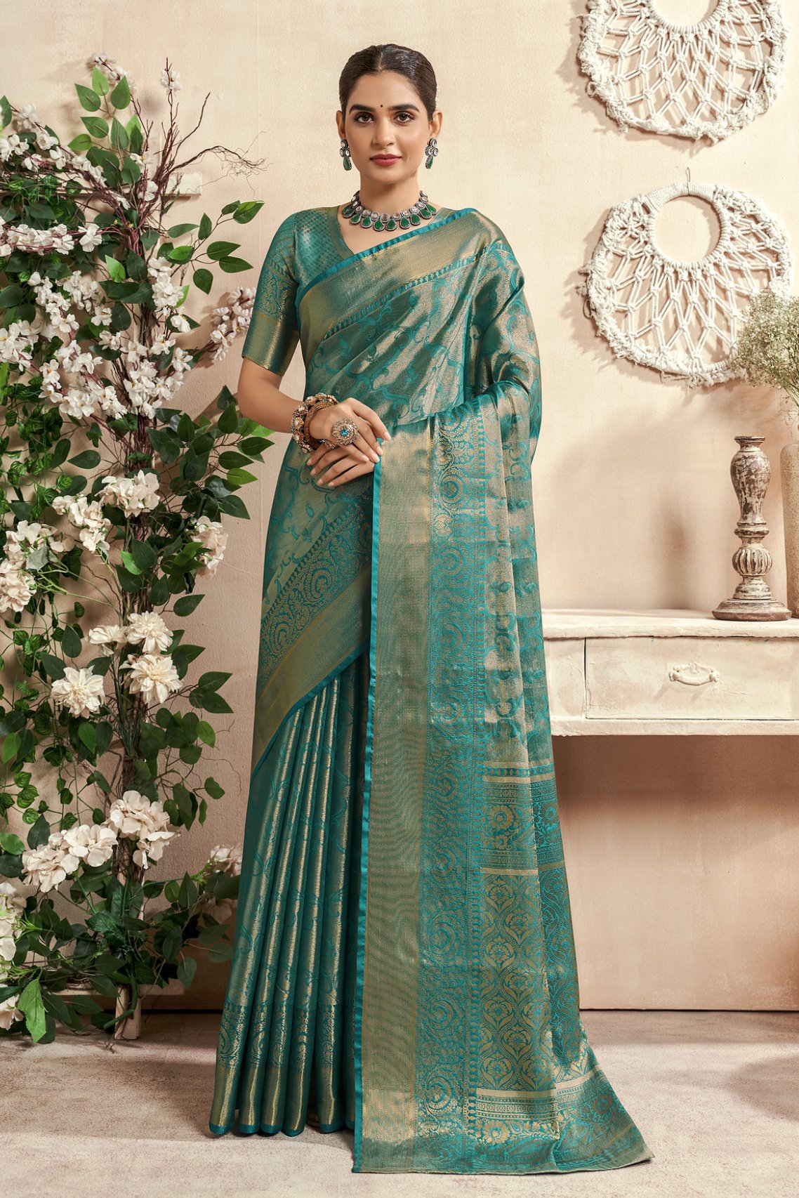 Buy MySilkLove Polished Pine Green Woven Kanjivaram Saree Online