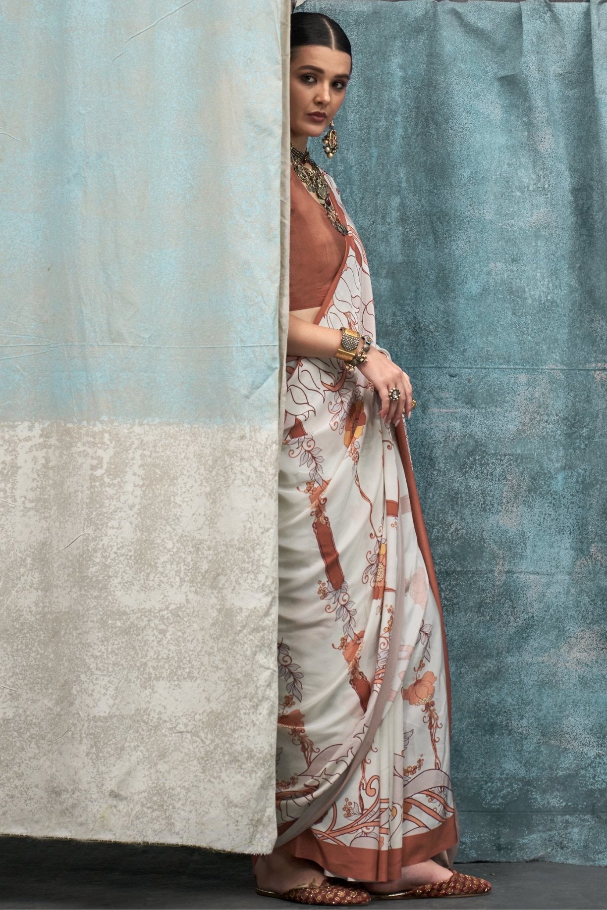 Buy MySilkLove Seashell White and Brown Printed Satin Crepe Sarees Online