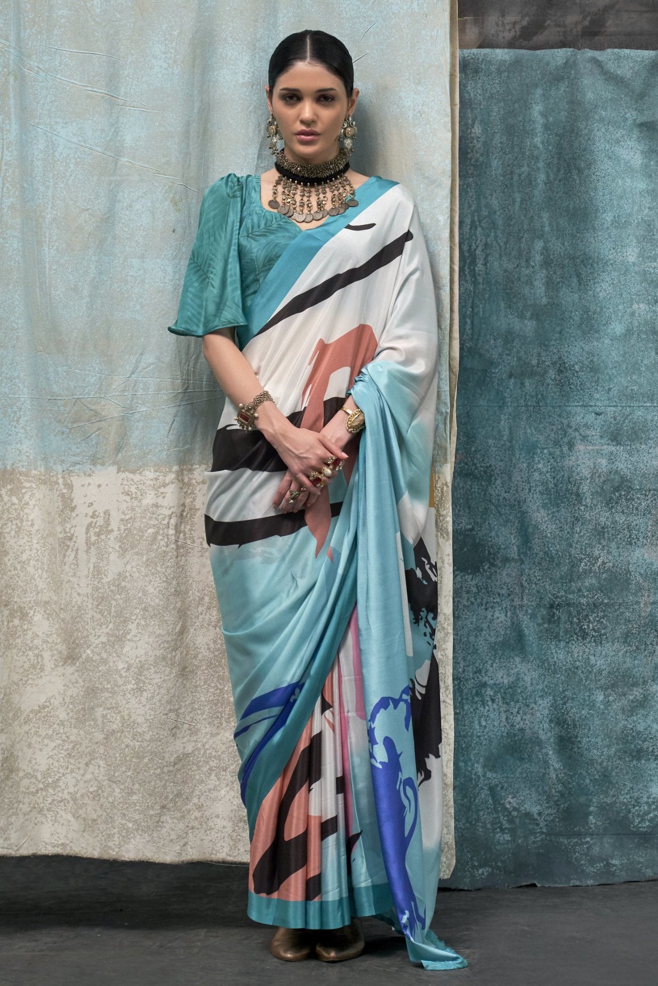 Buy MySilkLove Aqua Island Blue Multicolor Printed Satin Crepe Sarees Online