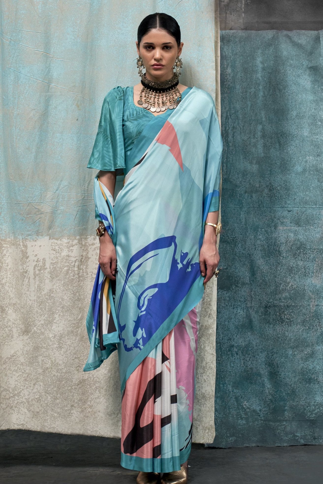 Buy MySilkLove Aqua Island Blue Multicolor Printed Satin Crepe Sarees Online