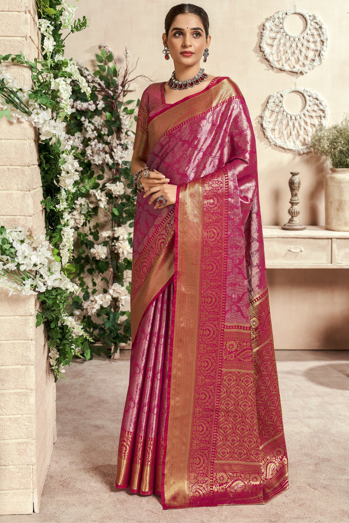 Buy MySilkLove Charm Pink Woven Kanjivaram Saree Online